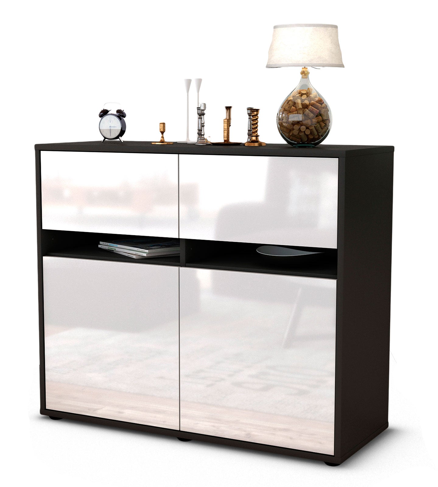 Sideboard - Clea - Design Hochglanz - Freistehend mit Push to open  92 cm Anthrazit