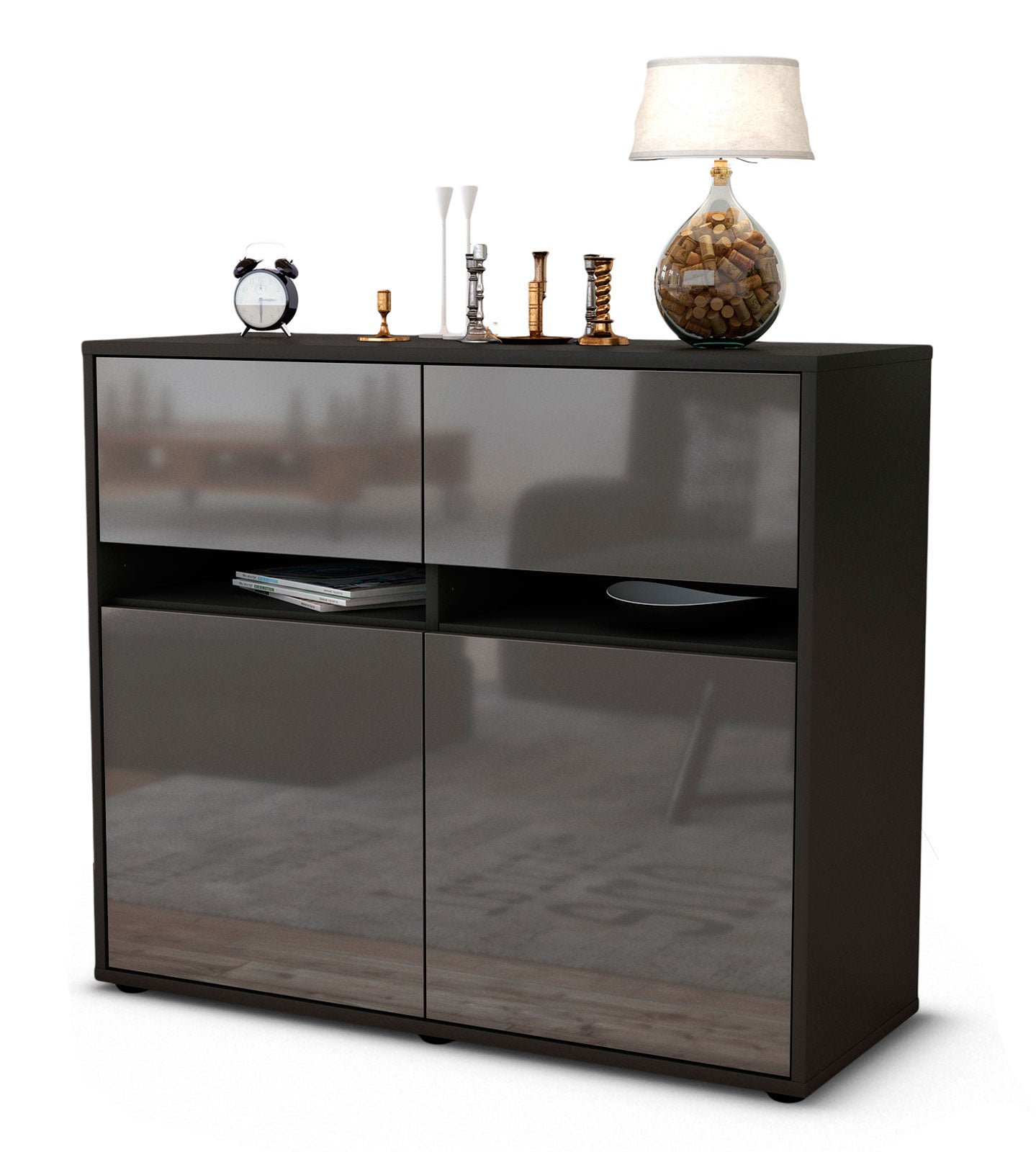 Sideboard - Clea - Design Hochglanz - Freistehend mit Push to open  92 cm Anthrazit