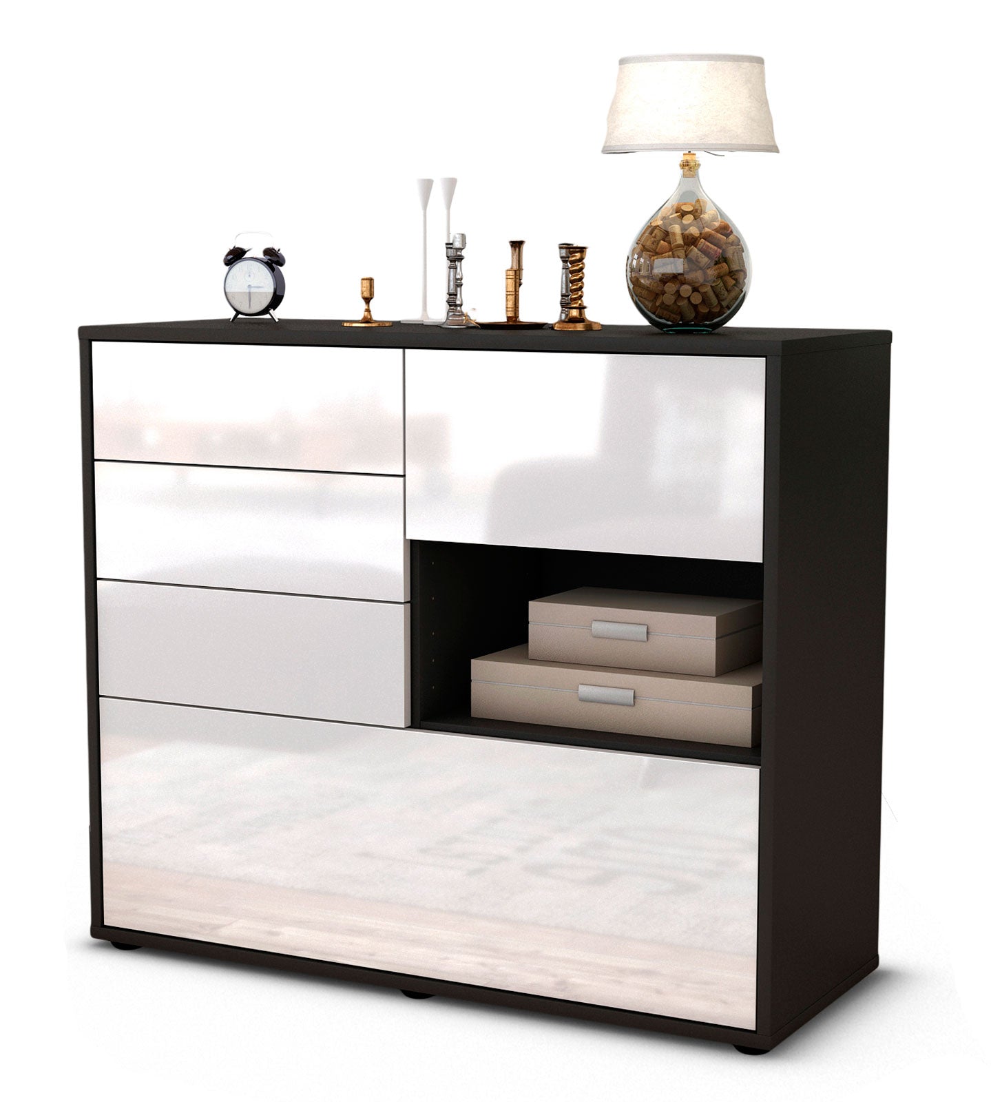 Sideboard - Coco - Design Hochglanz - Freistehend mit Push to open  92 cm Anthrazit