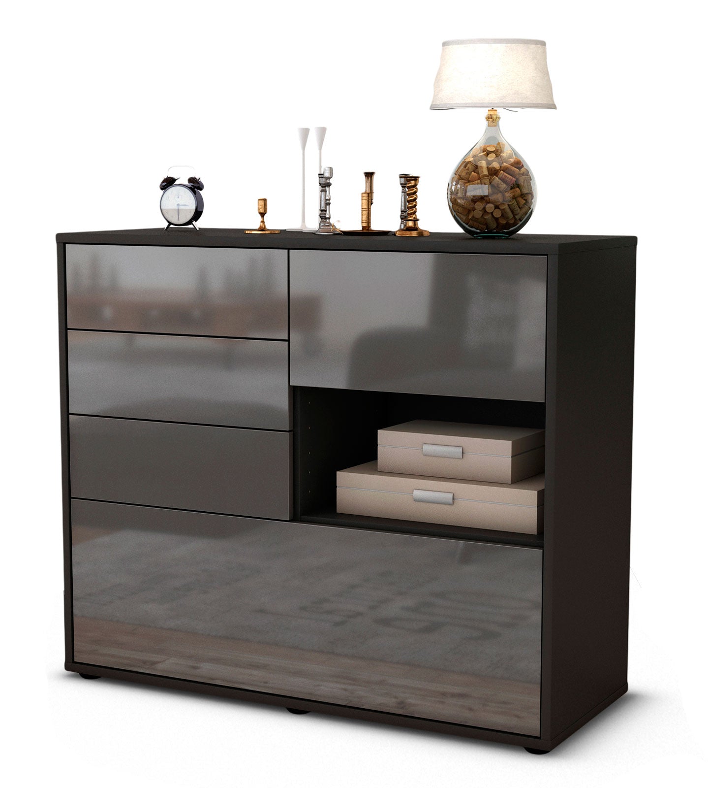 Sideboard - Coco - Design Hochglanz - Freistehend mit Push to open  92 cm Anthrazit