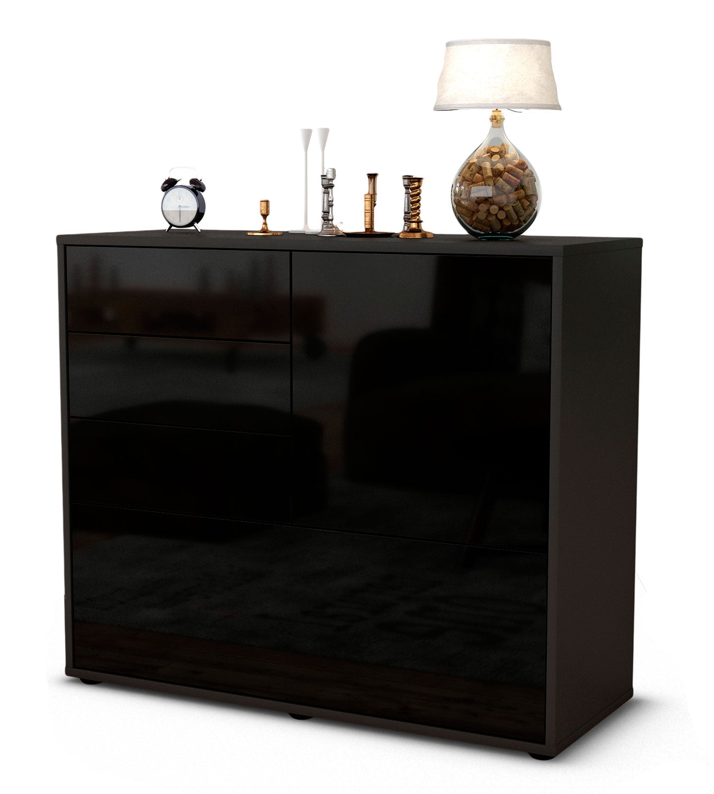 Sideboard - Corina - Design Hochglanz - Freistehend mit Push to open  92 cm Anthrazit