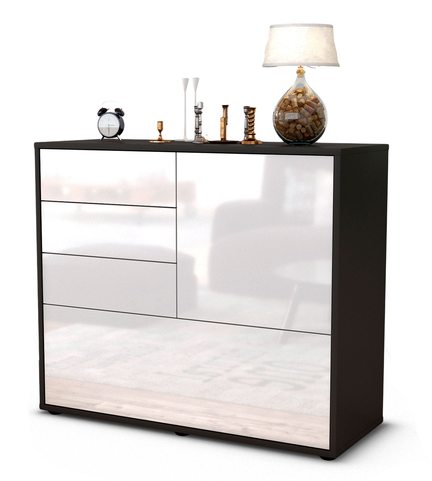 Sideboard - Corina - Design Hochglanz - Freistehend mit Push to open  92 cm Anthrazit