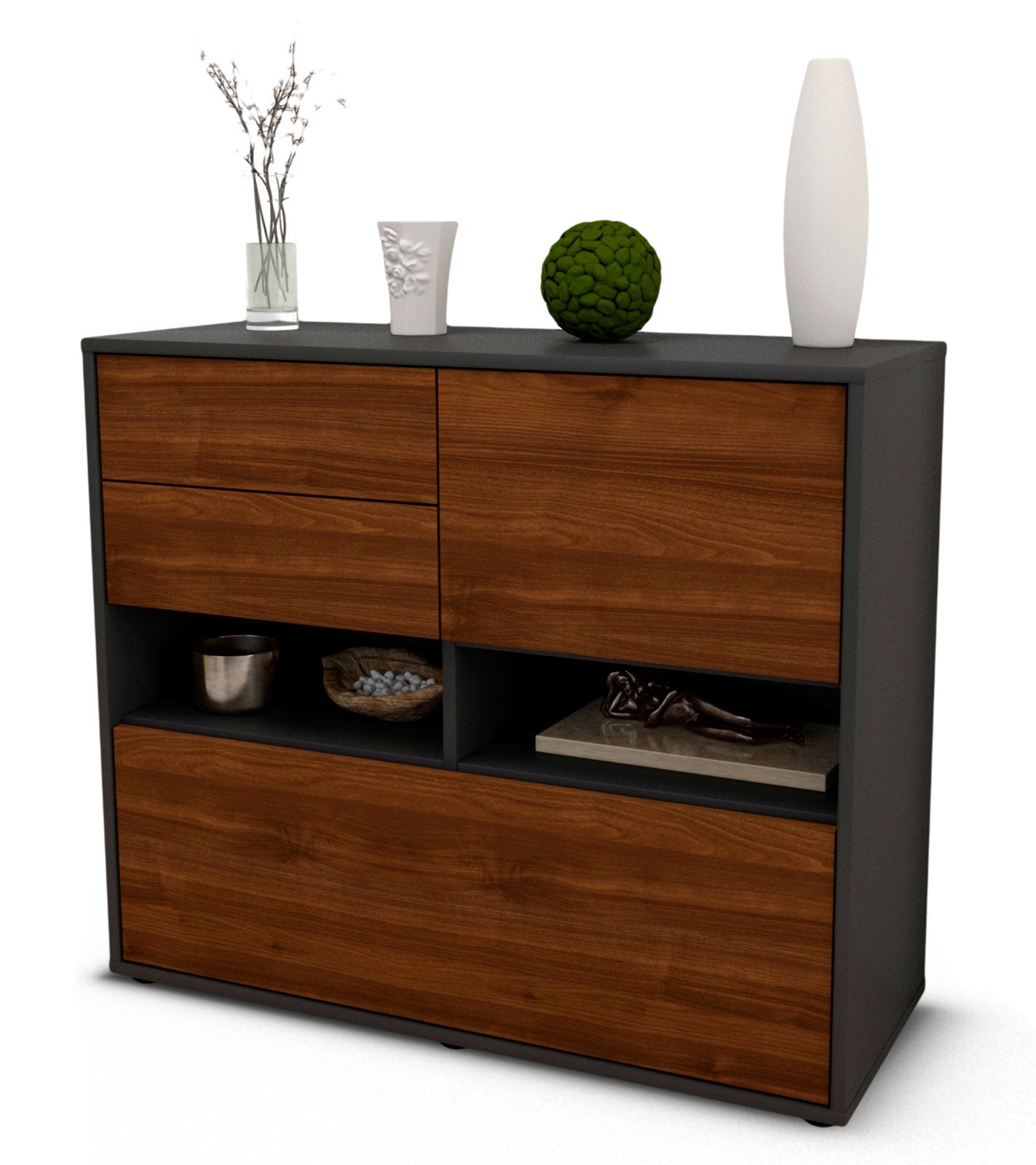 Sideboard - Cornelia - Design Holzdekor - Freistehend mit Push to open  92 cm Anthrazit