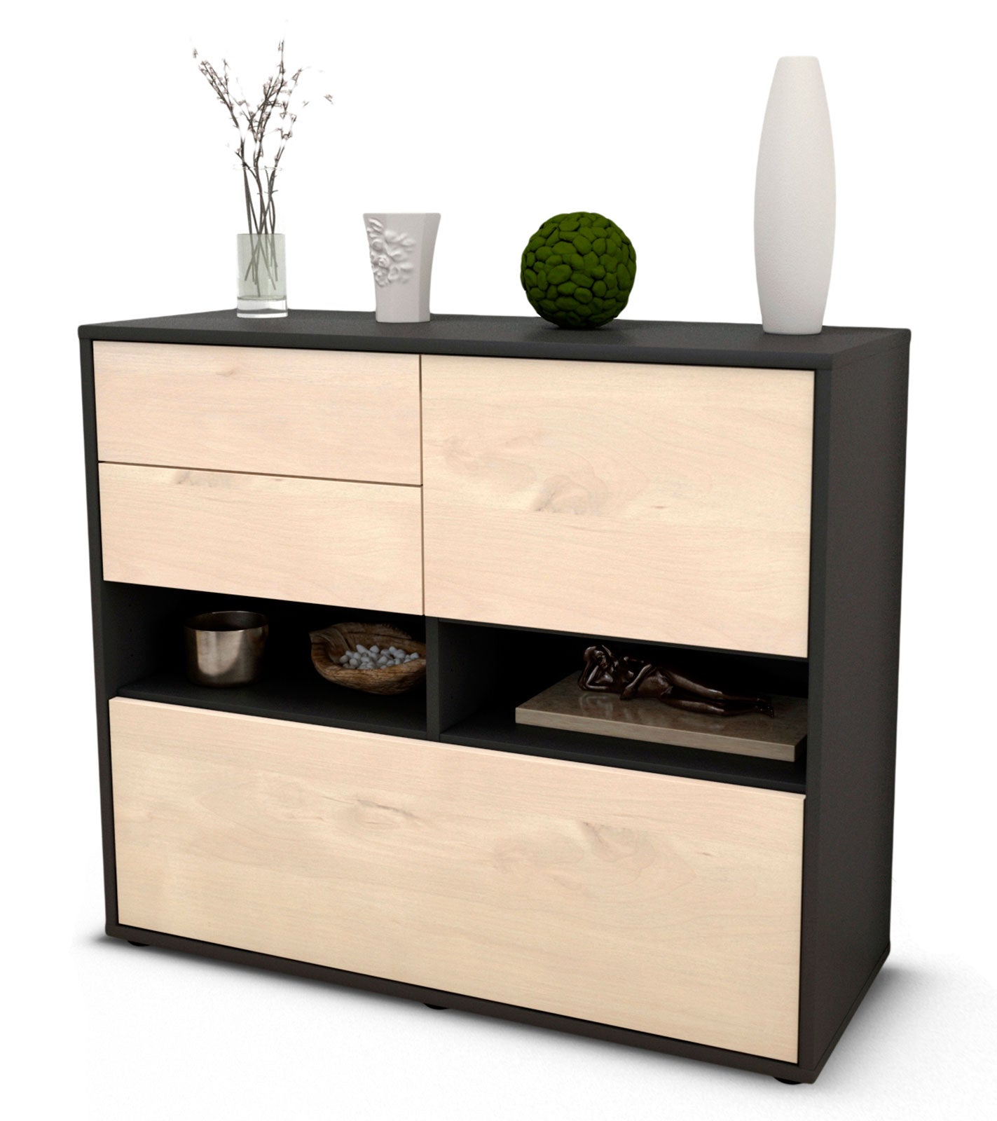 Sideboard - Cornelia - Design Holzdekor - Freistehend mit Push to open  92 cm Anthrazit