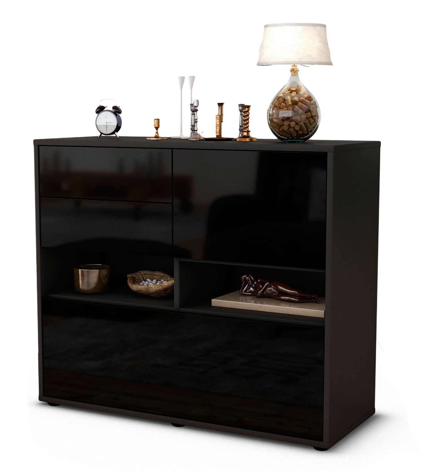 Sideboard - Cornelia - Design Hochglanz - Freistehend mit Push to open  92 cm Anthrazit