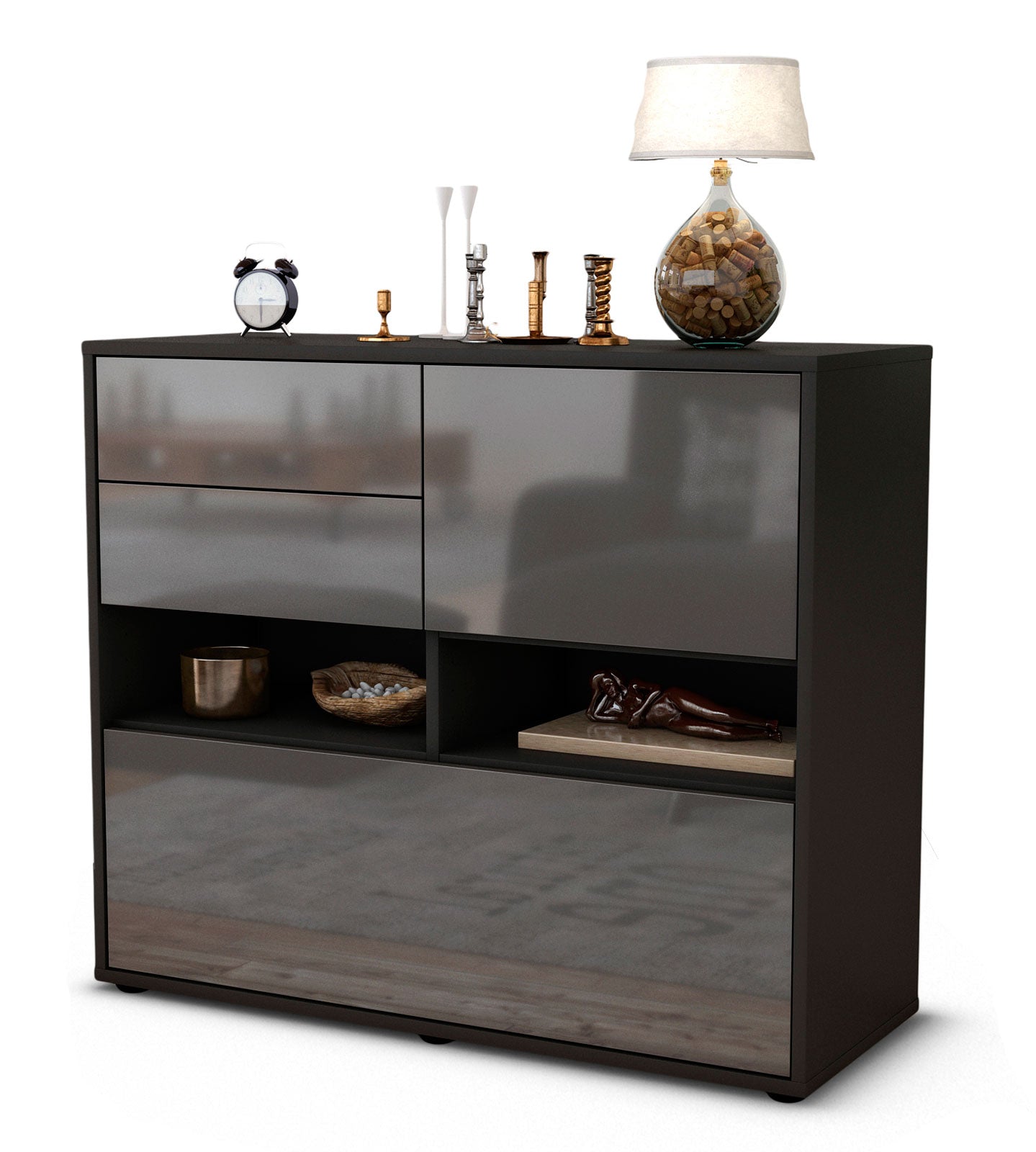 Sideboard - Cornelia - Design Hochglanz - Freistehend mit Push to open  92 cm Anthrazit