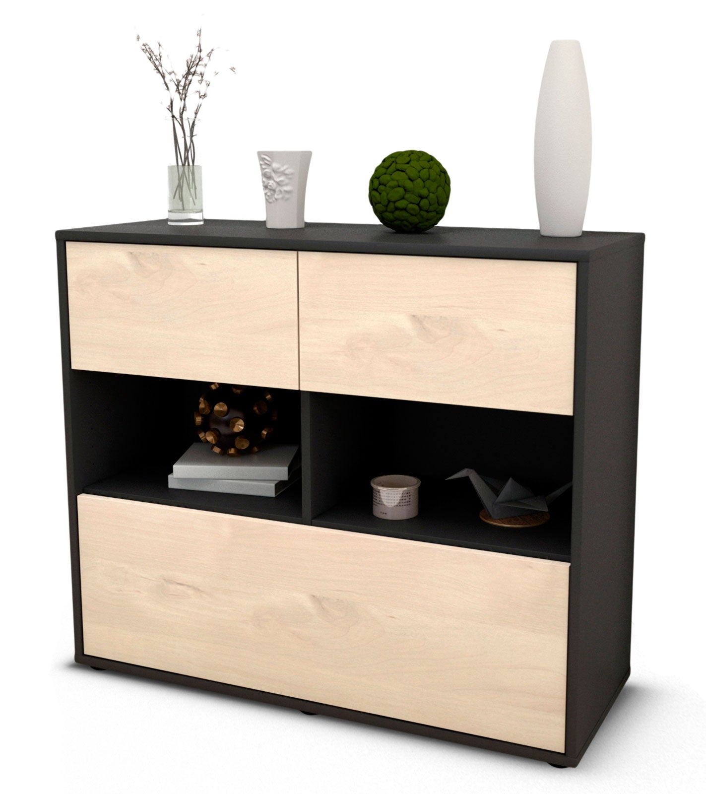 Sideboard - Cosima - Design Holzdekor - Freistehend mit Push to open  92 cm Anthrazit