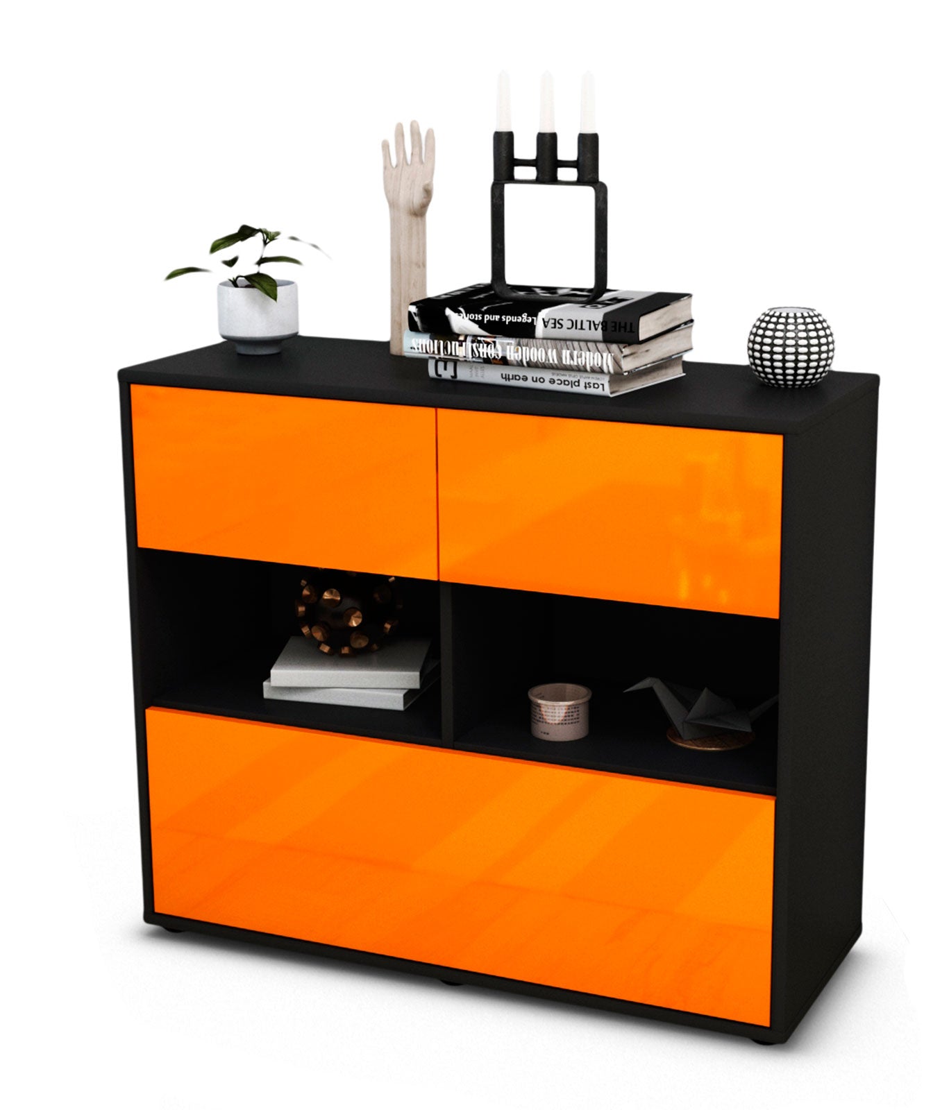 Sideboard - Cosima - Design Hochglanz - Freistehend mit Push to open  92 cm Anthrazit