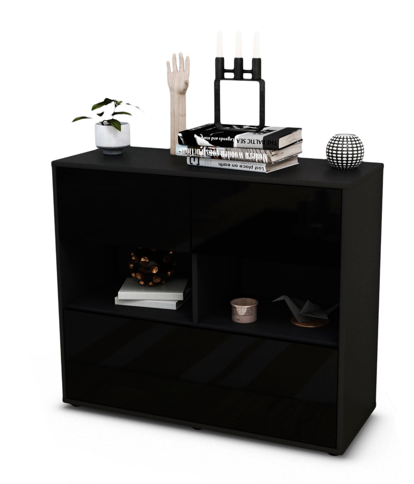 Sideboard - Cosima - Design Hochglanz - Freistehend mit Push to open  92 cm Anthrazit