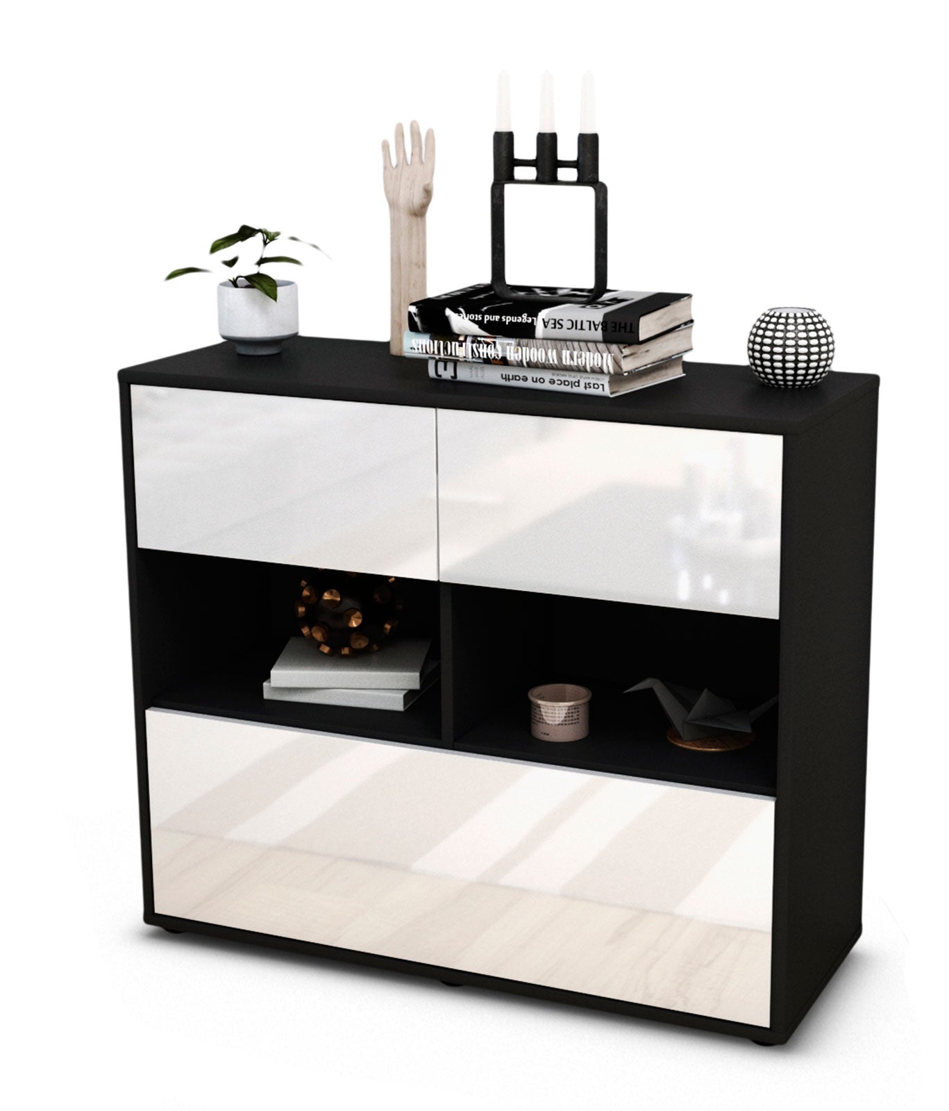 Sideboard - Cosima - Design Hochglanz - Freistehend mit Push to open  92 cm Anthrazit