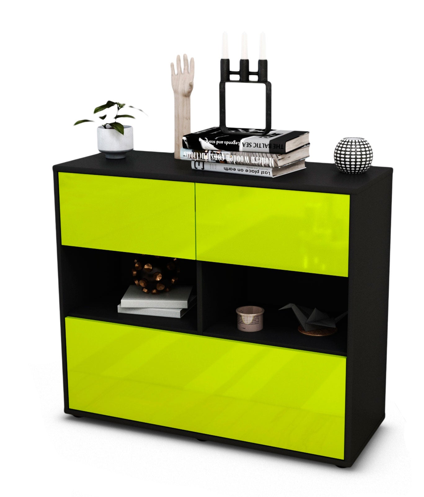 Sideboard - Cosima - Design Hochglanz - Freistehend mit Push to open  92 cm Anthrazit