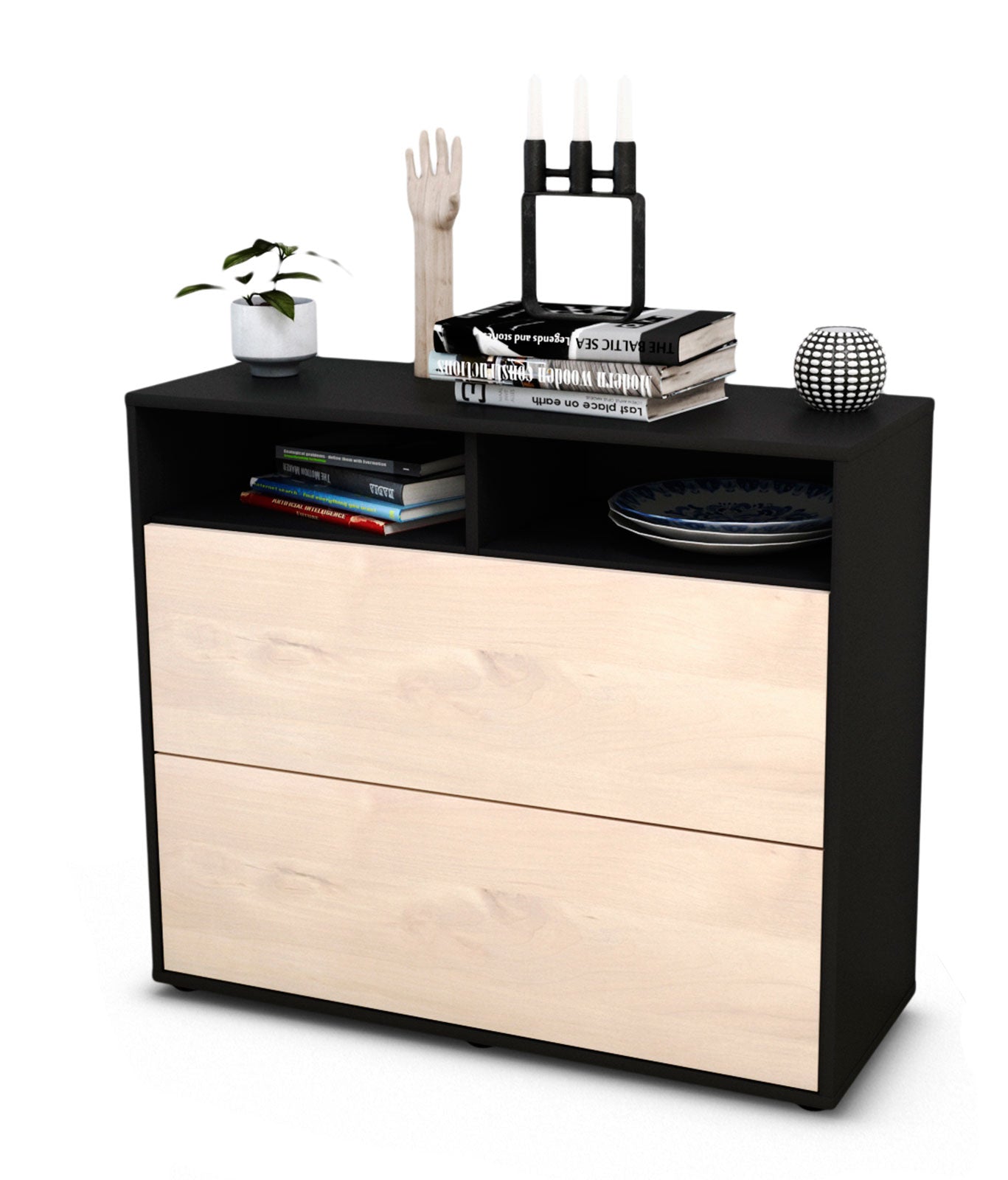 Sideboard - Cosma - Design Holzdekor - Freistehend mit Push to open  92 cm Anthrazit