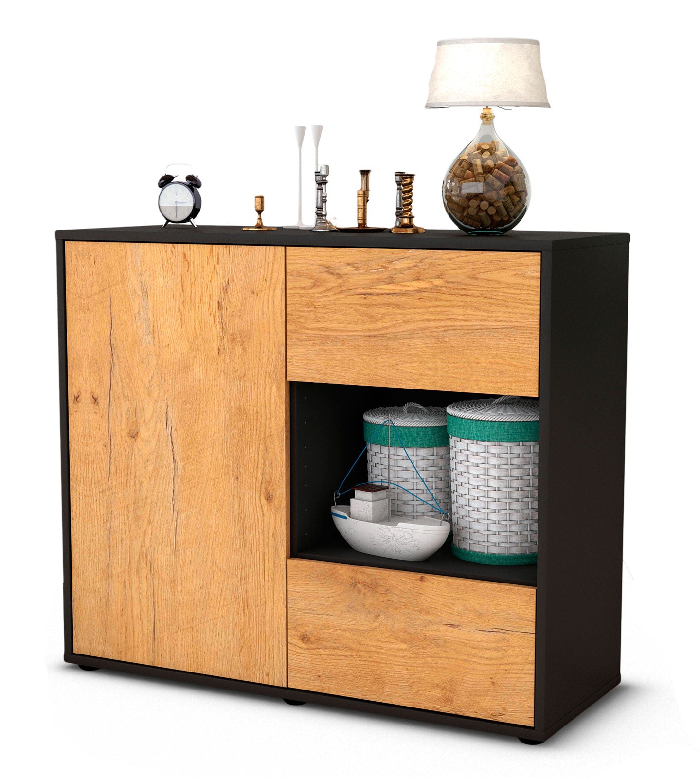 Sideboard - Danica - Design Holzdekor - Freistehend mit Push to open  92 cm Anthrazit