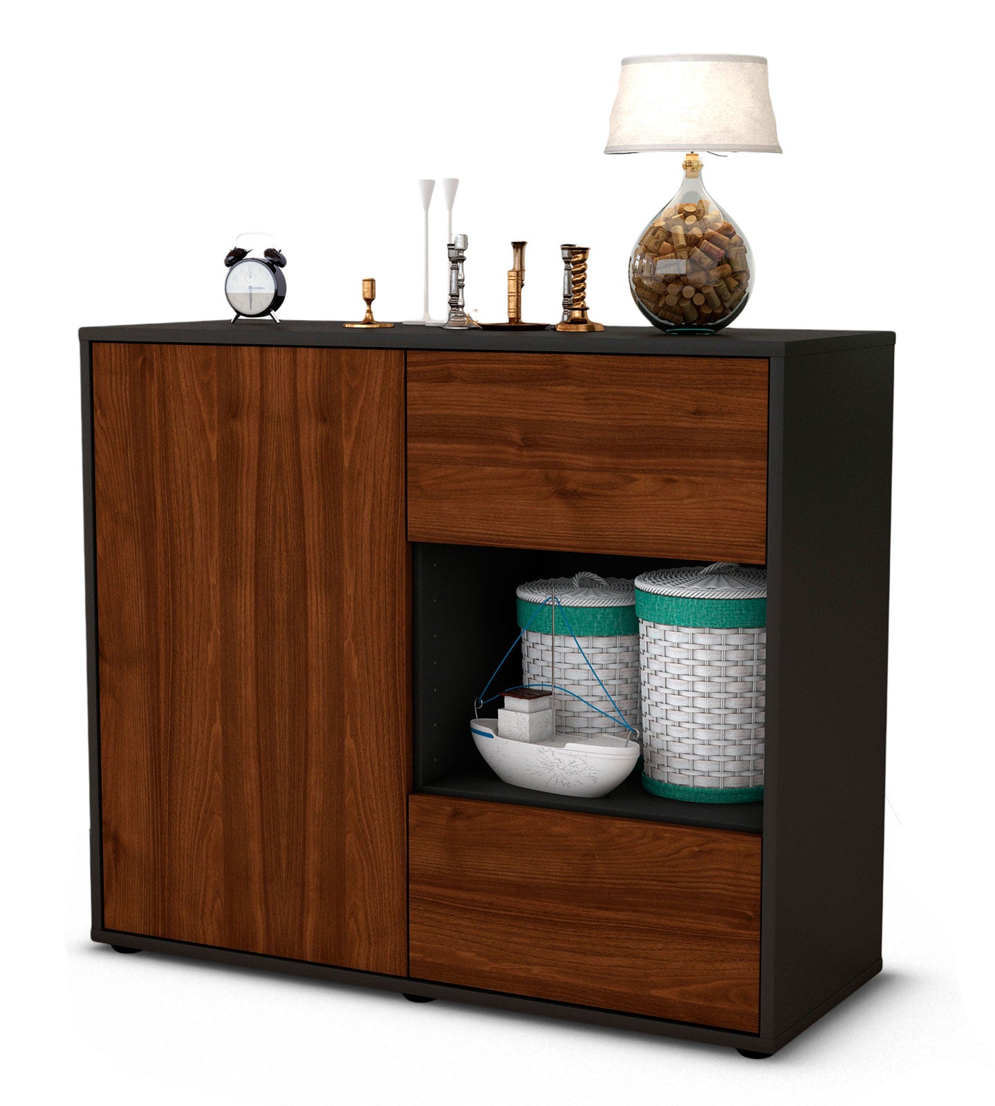 Sideboard - Danica - Design Holzdekor - Freistehend mit Push to open  92 cm Anthrazit