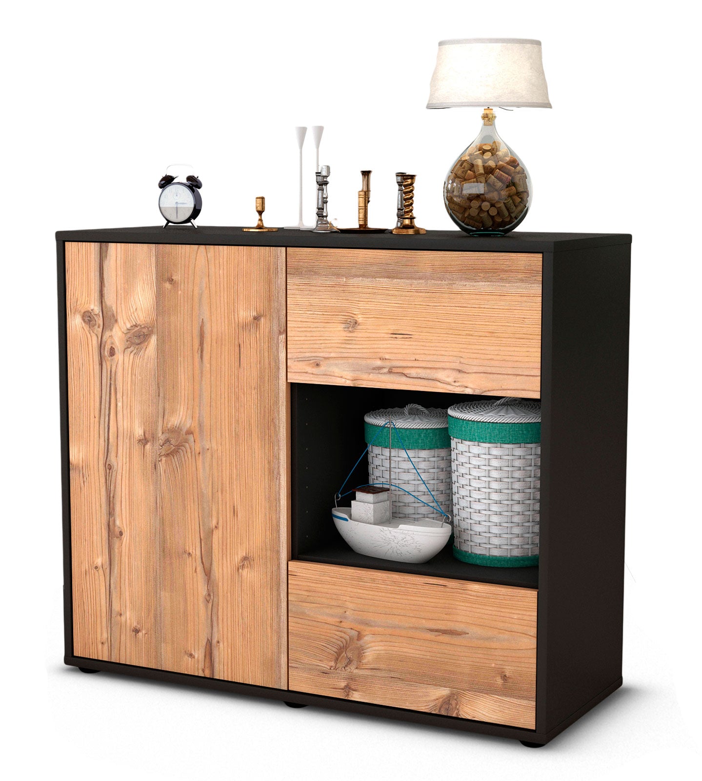 Sideboard - Danica - Design Holzdekor - Freistehend mit Push to open  92 cm Anthrazit