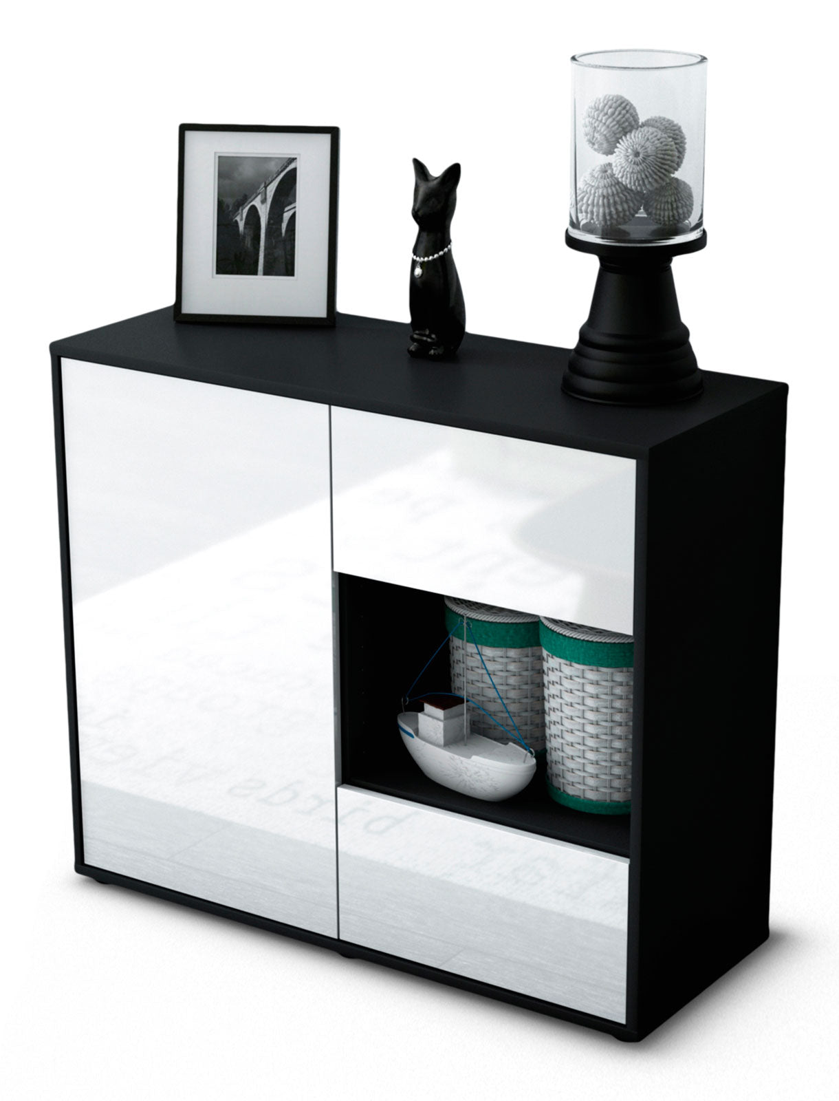 Sideboard - Danica - Design Hochglanz - Freistehend mit Push to open  92 cm Anthrazit