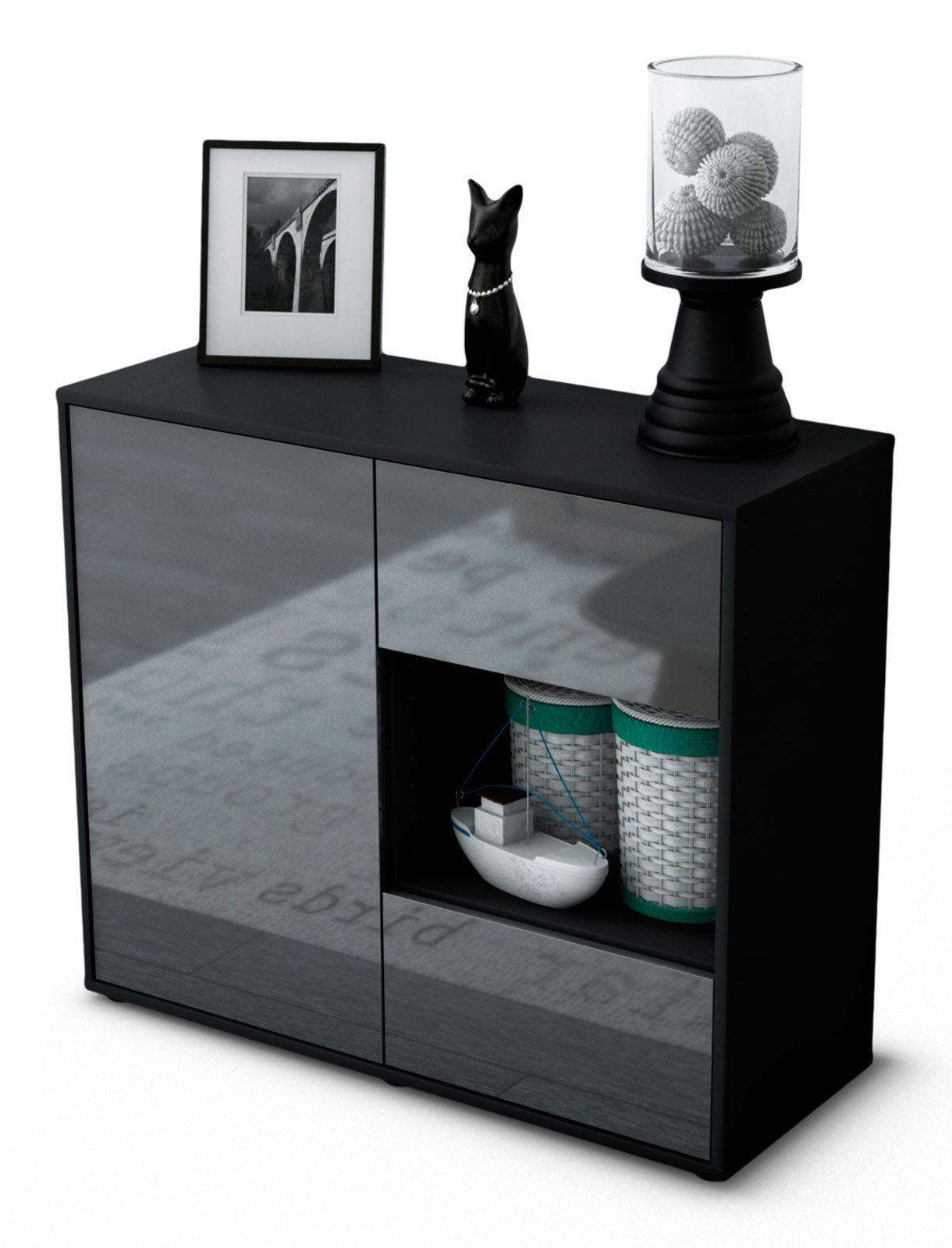 Sideboard - Danica - Design Hochglanz - Freistehend mit Push to open  92 cm Anthrazit