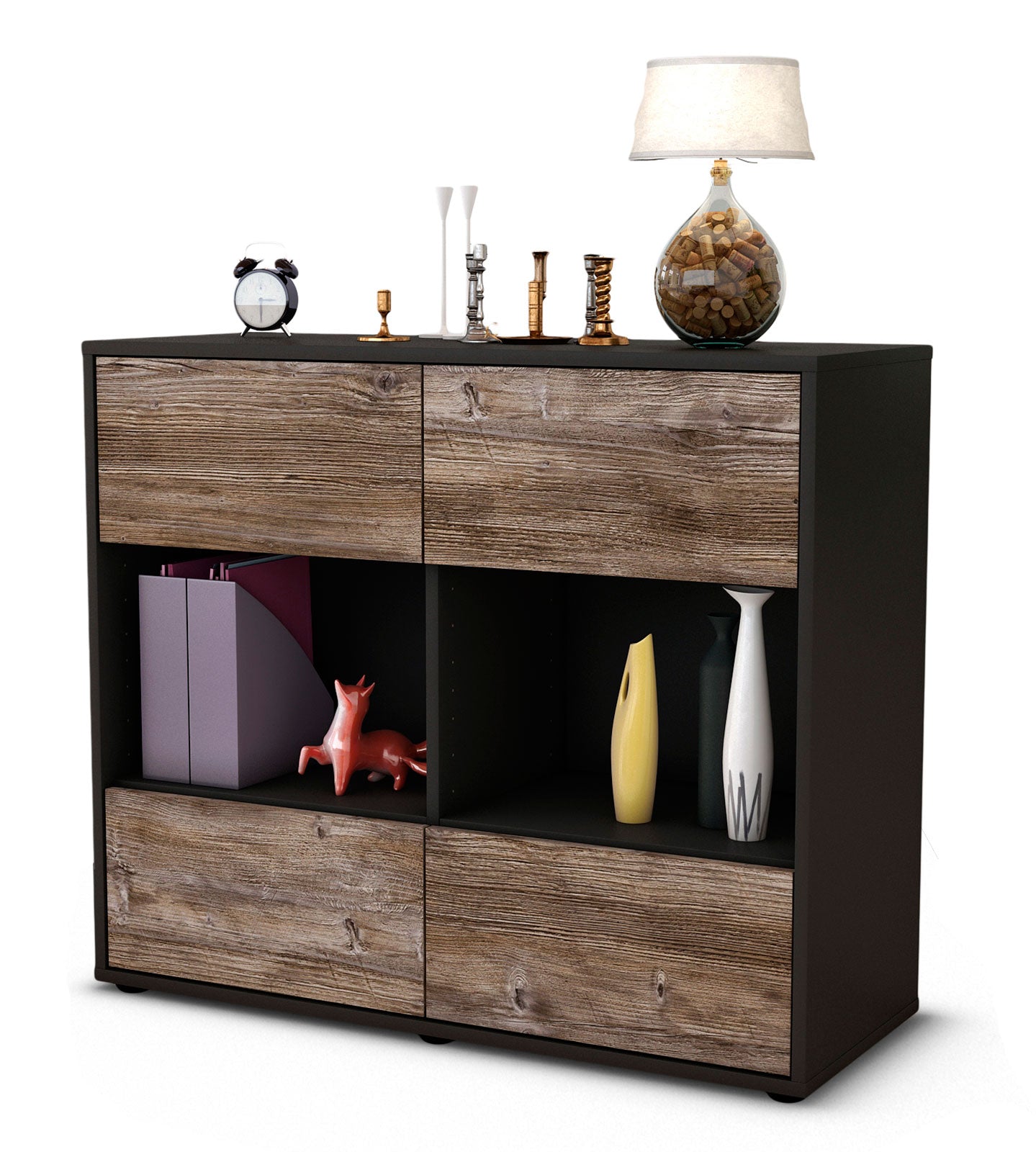 Sideboard - Daniela - Design Holzdekor - Freistehend mit Push to open  92 cm Anthrazit