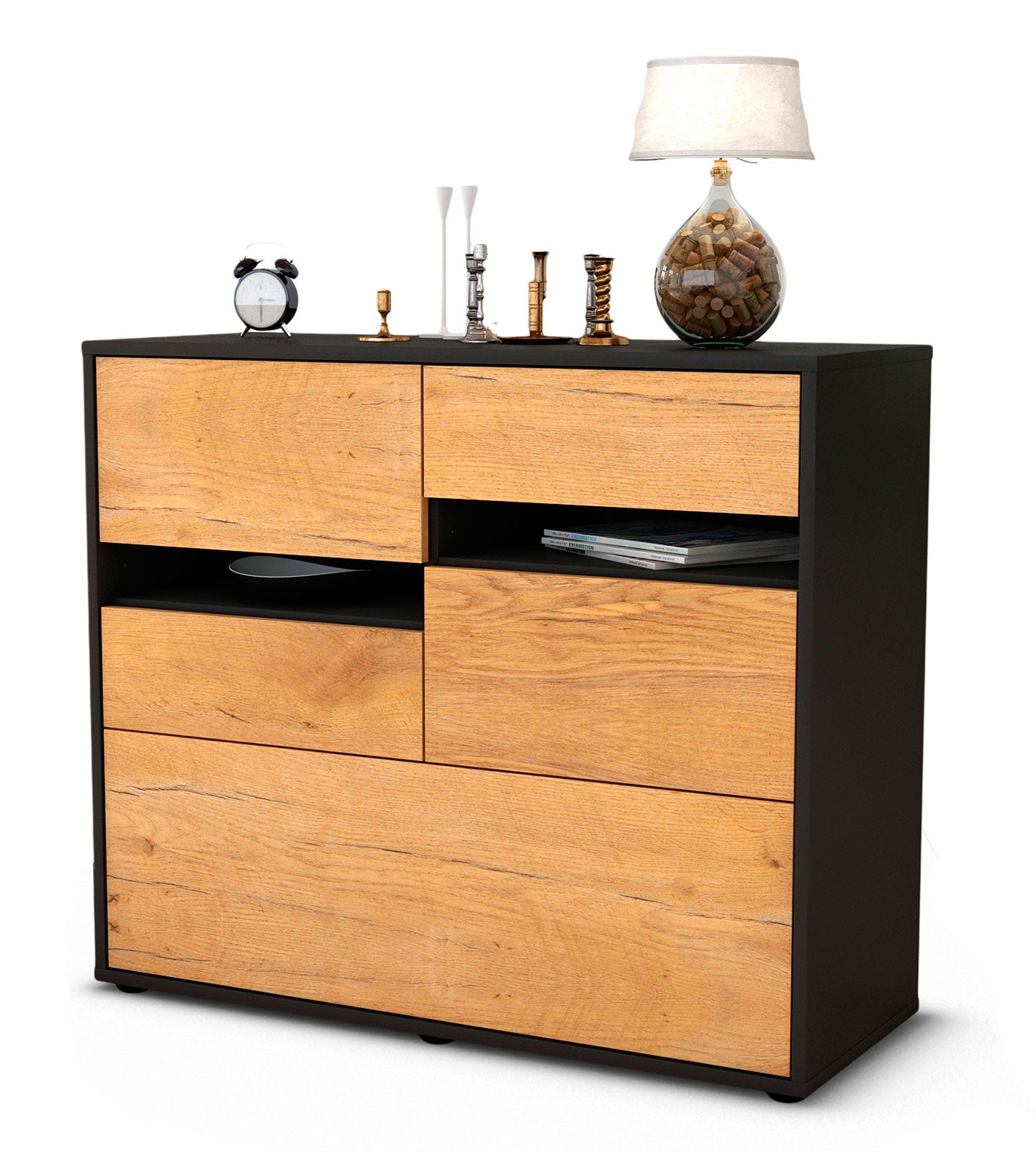 Sideboard - Daria - Design Holzdekor - Freistehend mit Push to open  92 cm Anthrazit