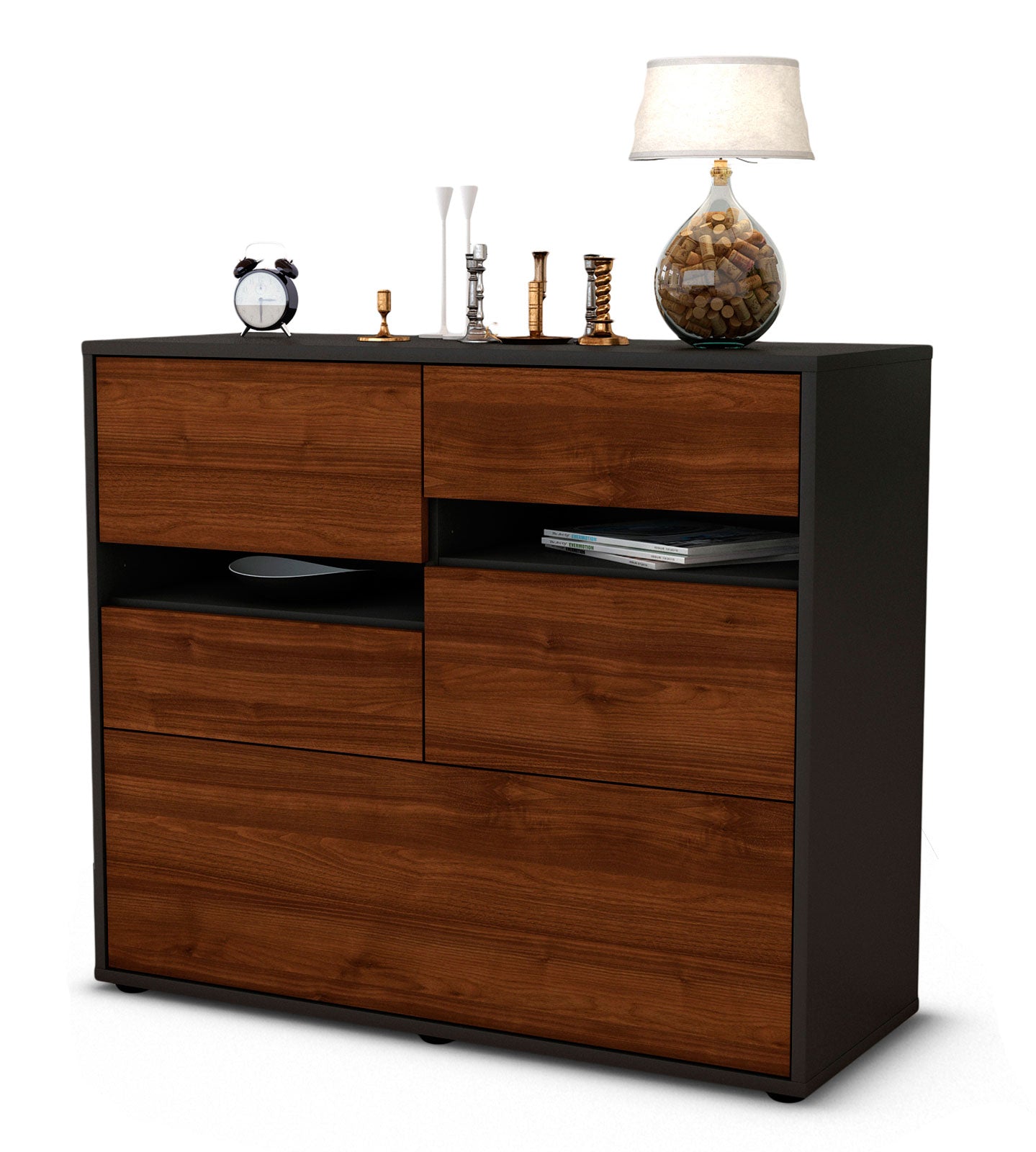 Sideboard - Daria - Design Holzdekor - Freistehend mit Push to open  92 cm Anthrazit