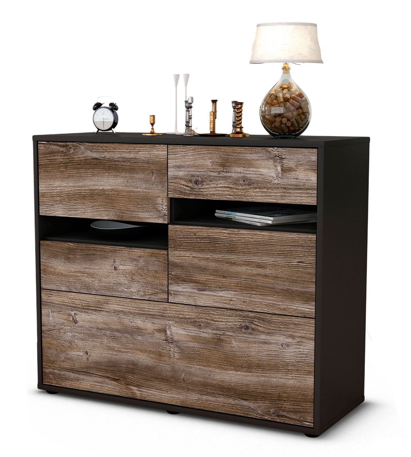 Sideboard - Daria - Design Holzdekor - Freistehend mit Push to open  92 cm Anthrazit