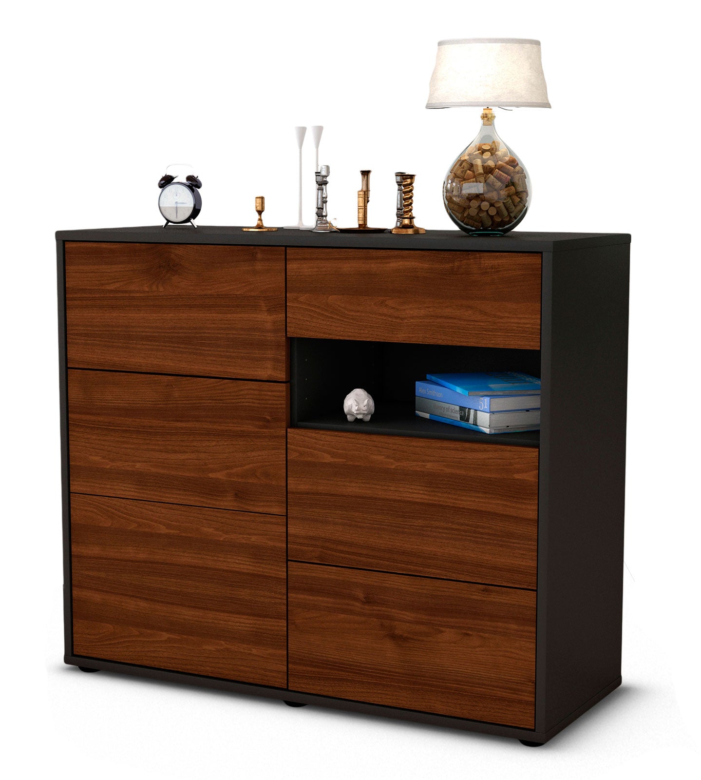 Sideboard - Dariella - Design Holzdekor - Freistehend mit Push to open  92 cm Anthrazit