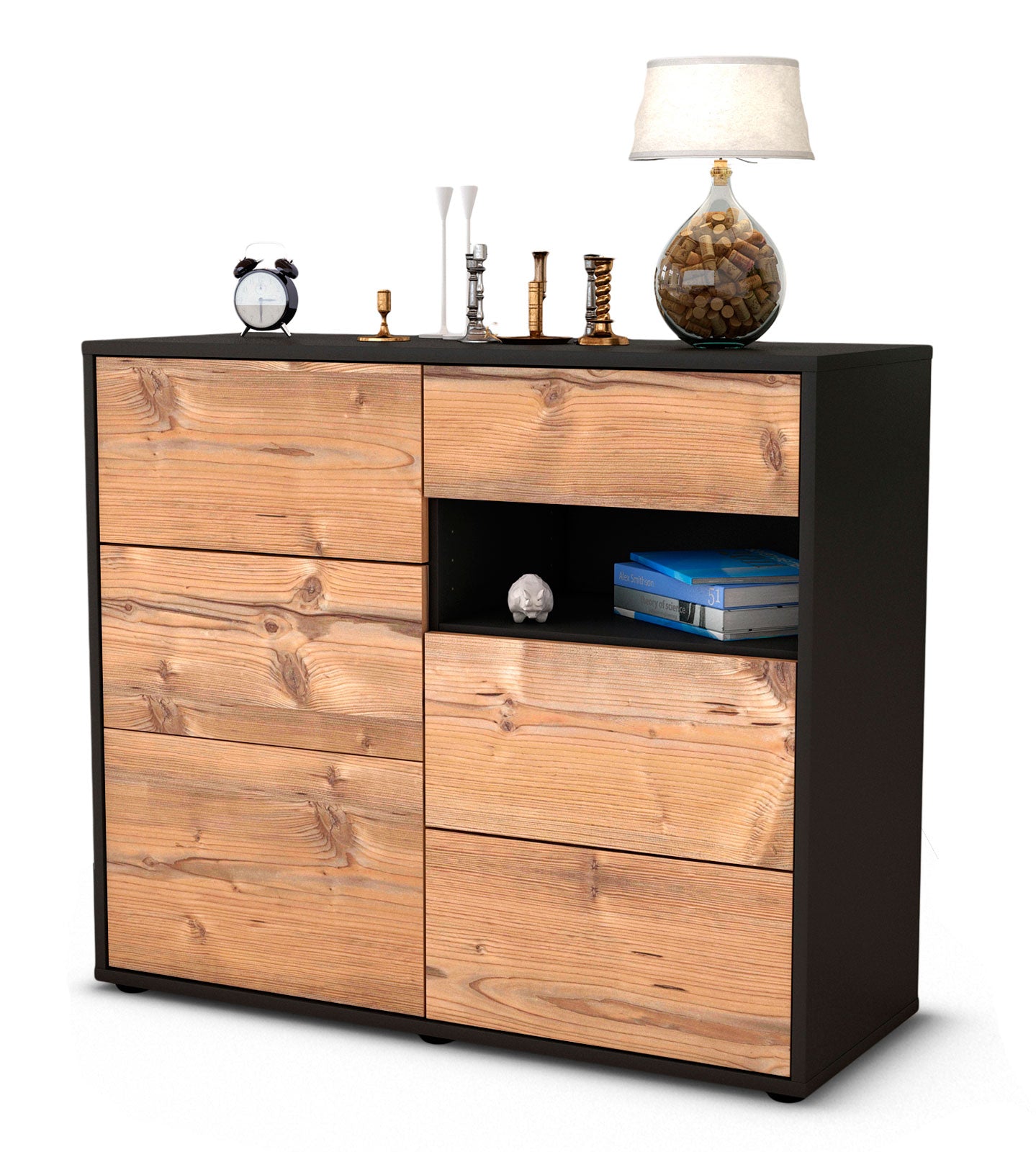 Sideboard - Dariella - Design Holzdekor - Freistehend mit Push to open  92 cm Anthrazit