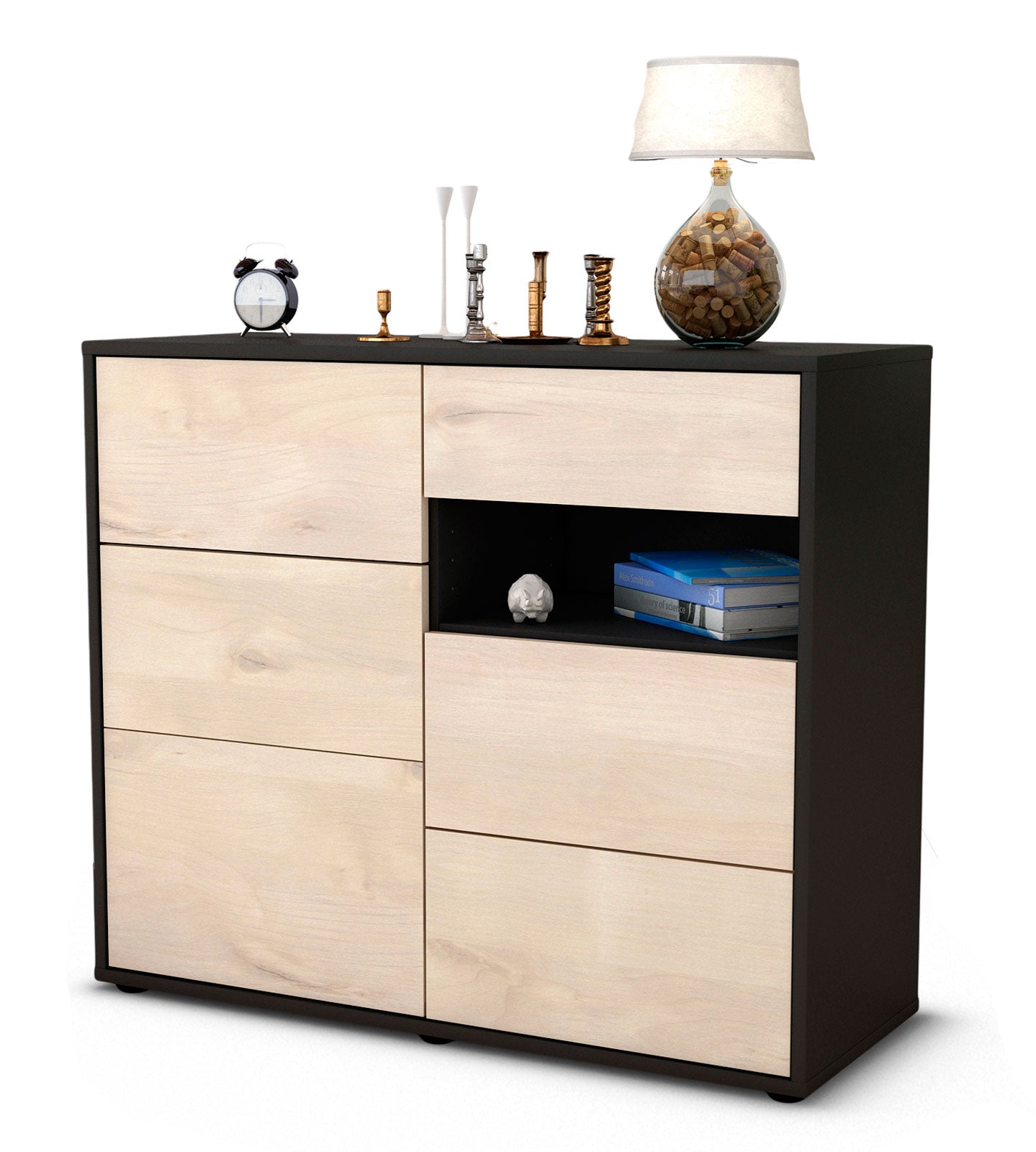 Sideboard - Dariella - Design Holzdekor - Freistehend mit Push to open  92 cm Anthrazit