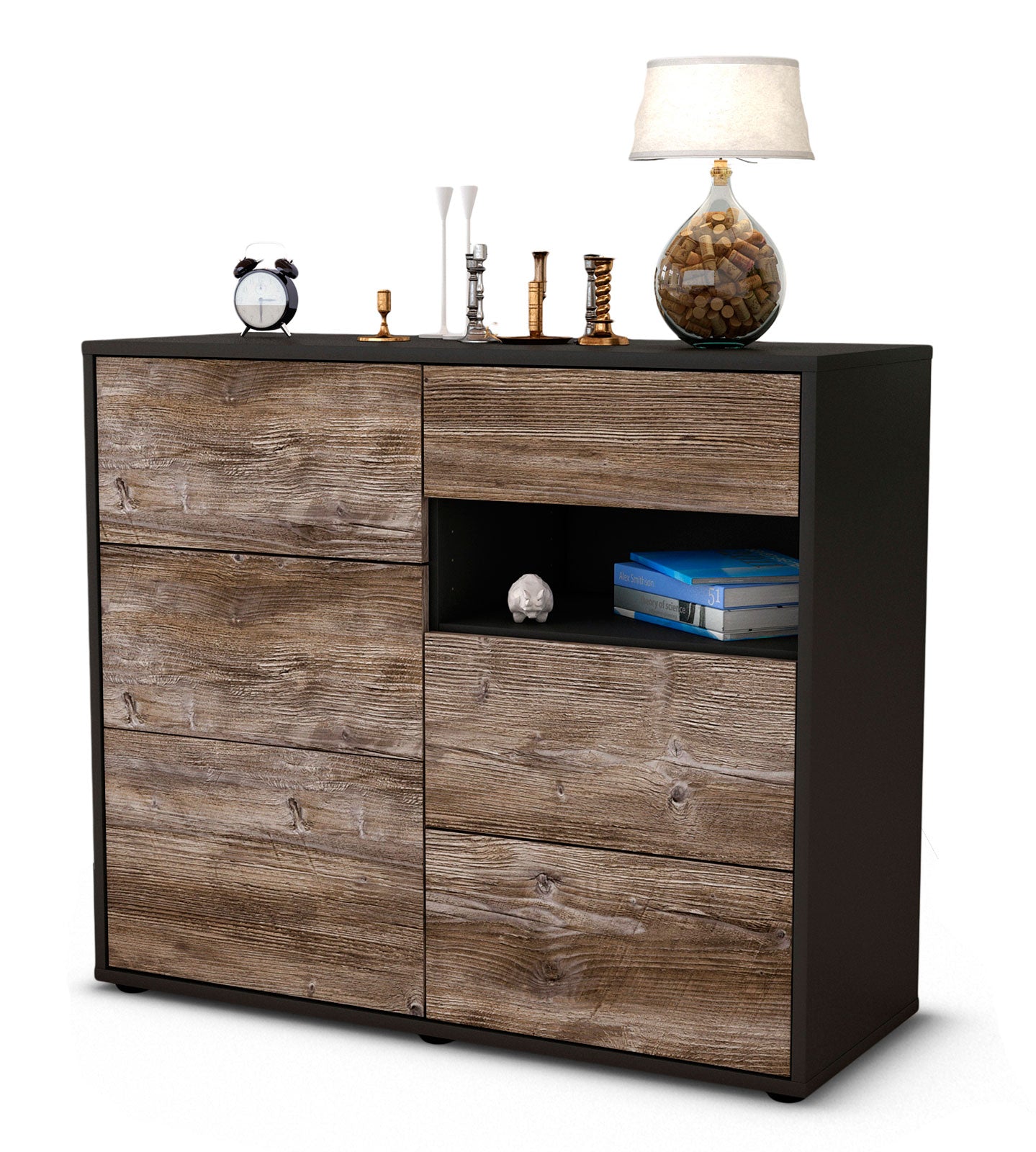 Sideboard - Dariella - Design Holzdekor - Freistehend mit Push to open  92 cm Anthrazit