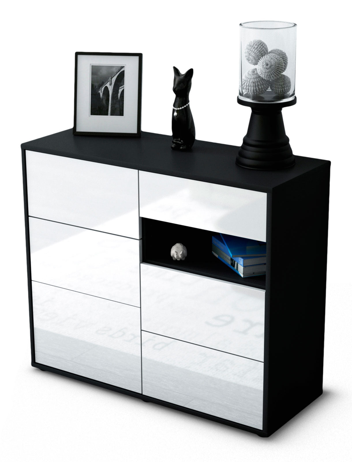 Sideboard - Dariella - Design Hochglanz - Freistehend mit Push to open  92 cm Anthrazit