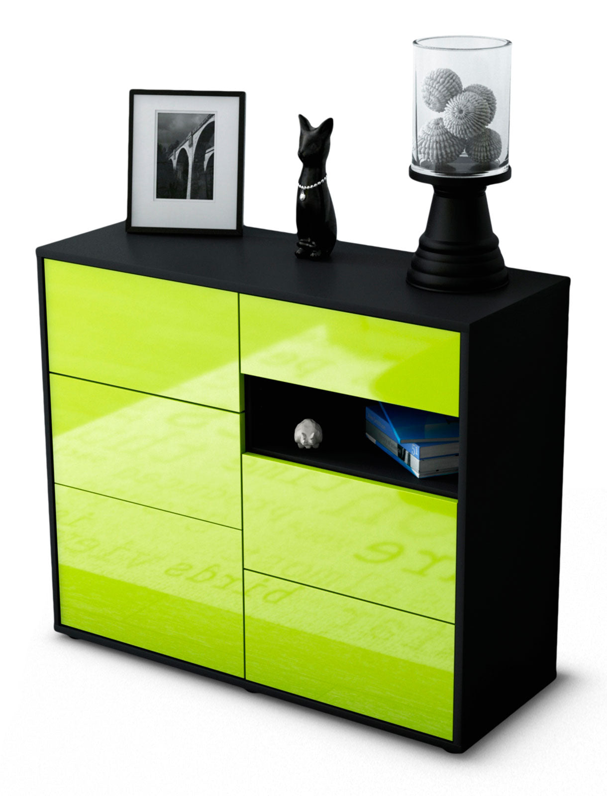 Sideboard - Dariella - Design Hochglanz - Freistehend mit Push to open  92 cm Anthrazit