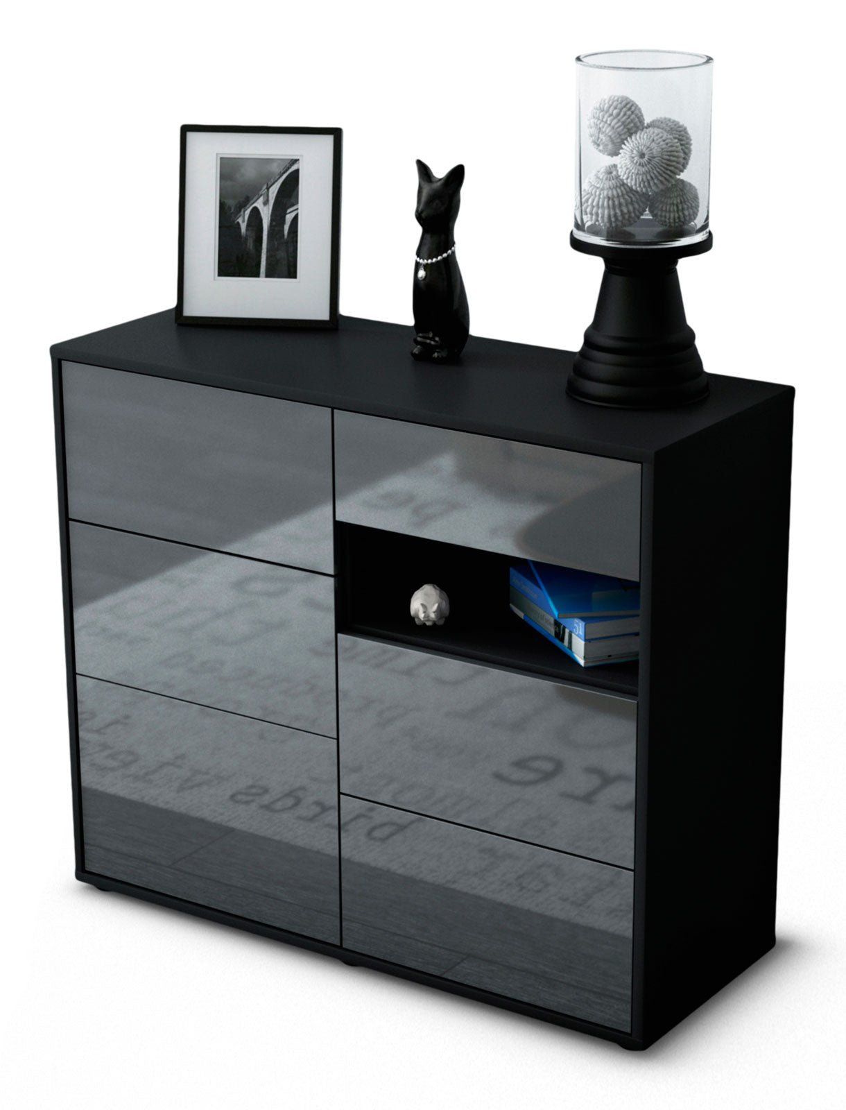 Sideboard - Dariella - Design Hochglanz - Freistehend mit Push to open  92 cm Anthrazit