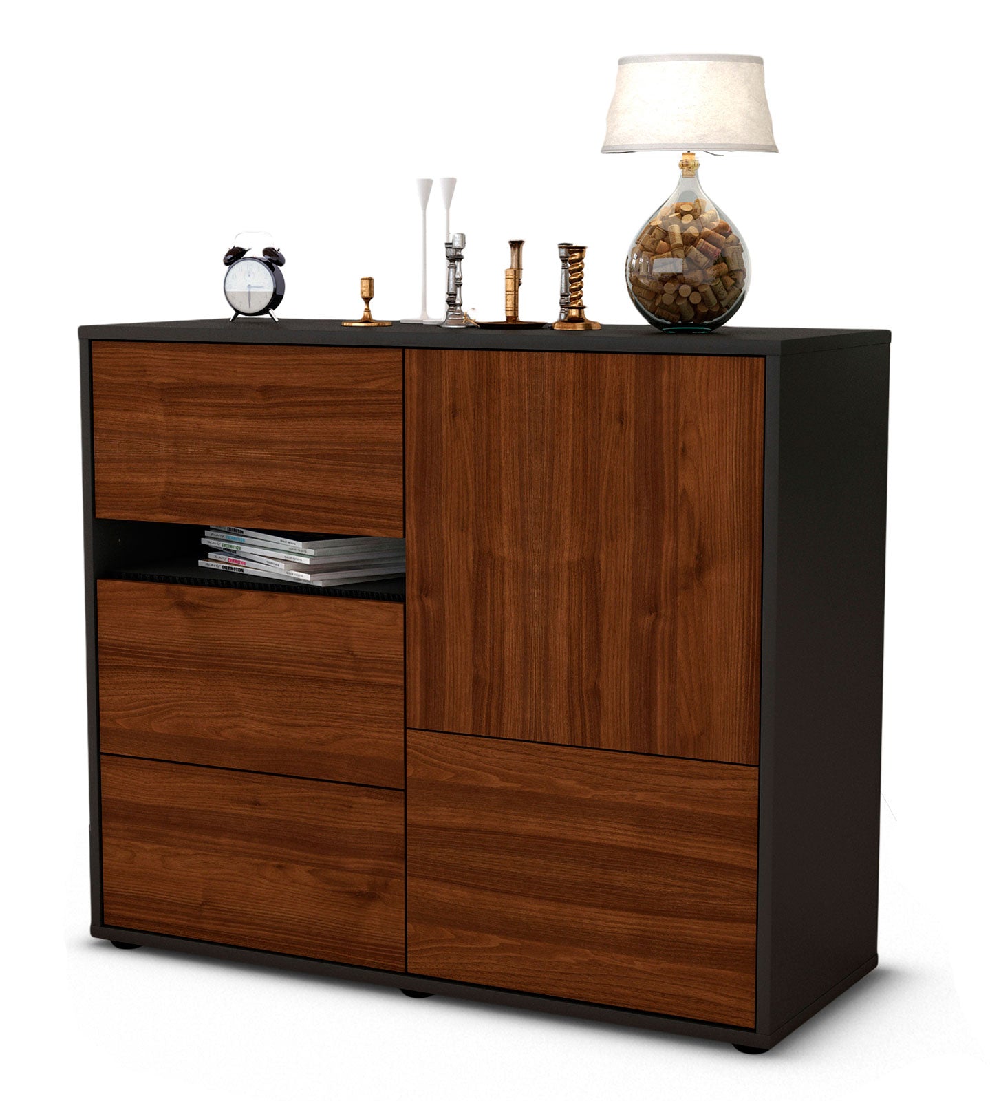 Sideboard - Davina - Design Holzdekor - Freistehend mit Push to open  92 cm Anthrazit