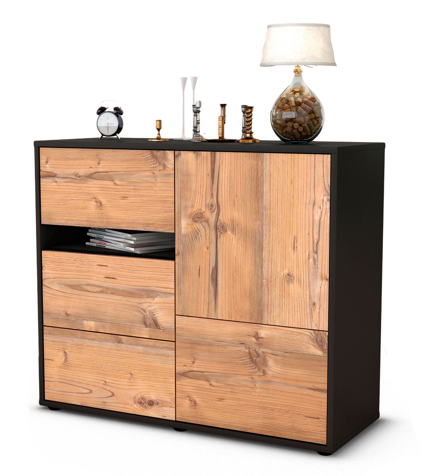 Sideboard - Davina - Design Holzdekor - Freistehend mit Push to open  92 cm Anthrazit