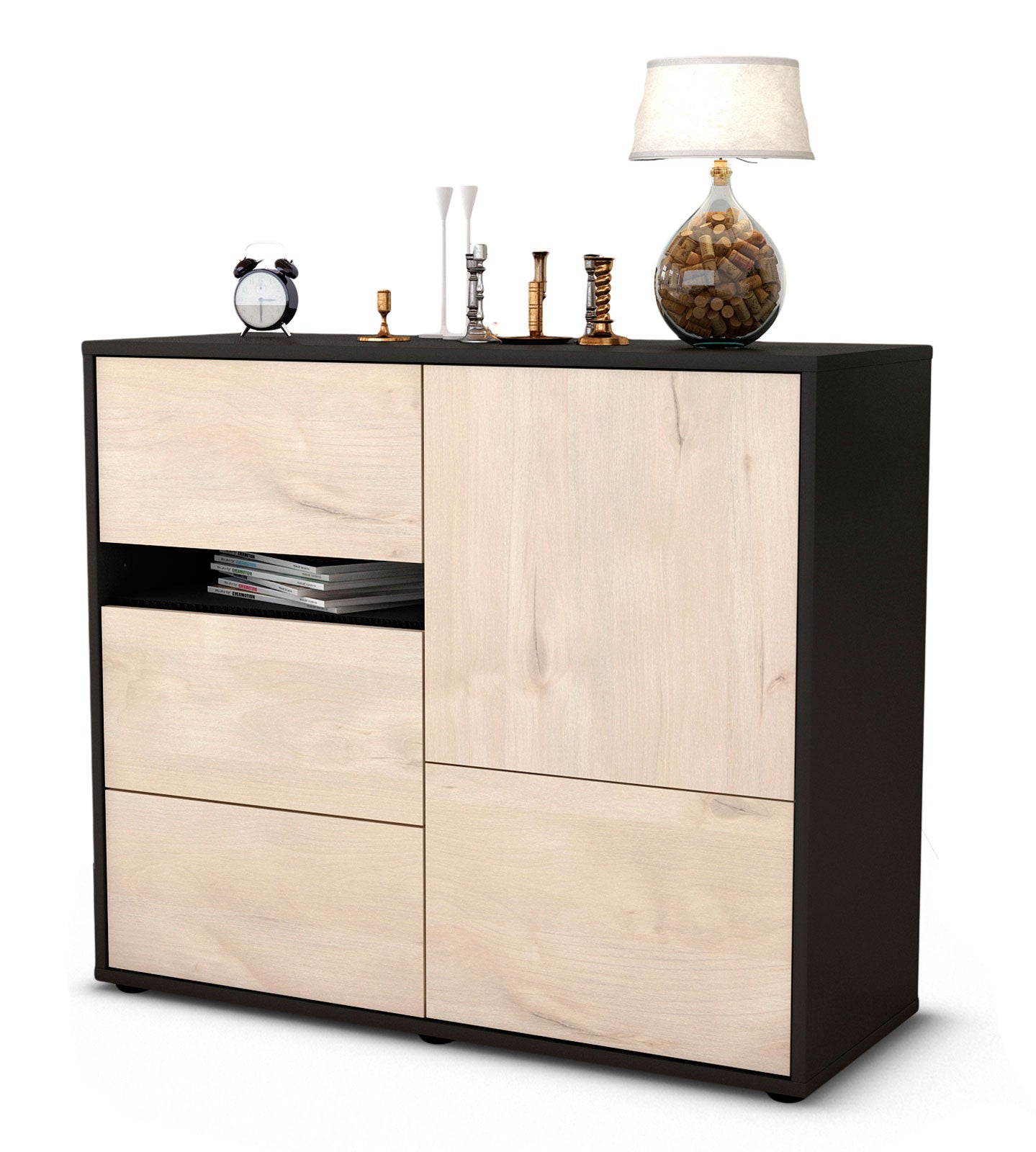 Sideboard - Davina - Design Holzdekor - Freistehend mit Push to open  92 cm Anthrazit