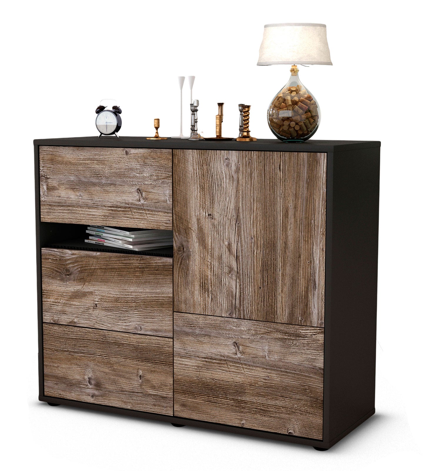 Sideboard - Davina - Design Holzdekor - Freistehend mit Push to open  92 cm Anthrazit