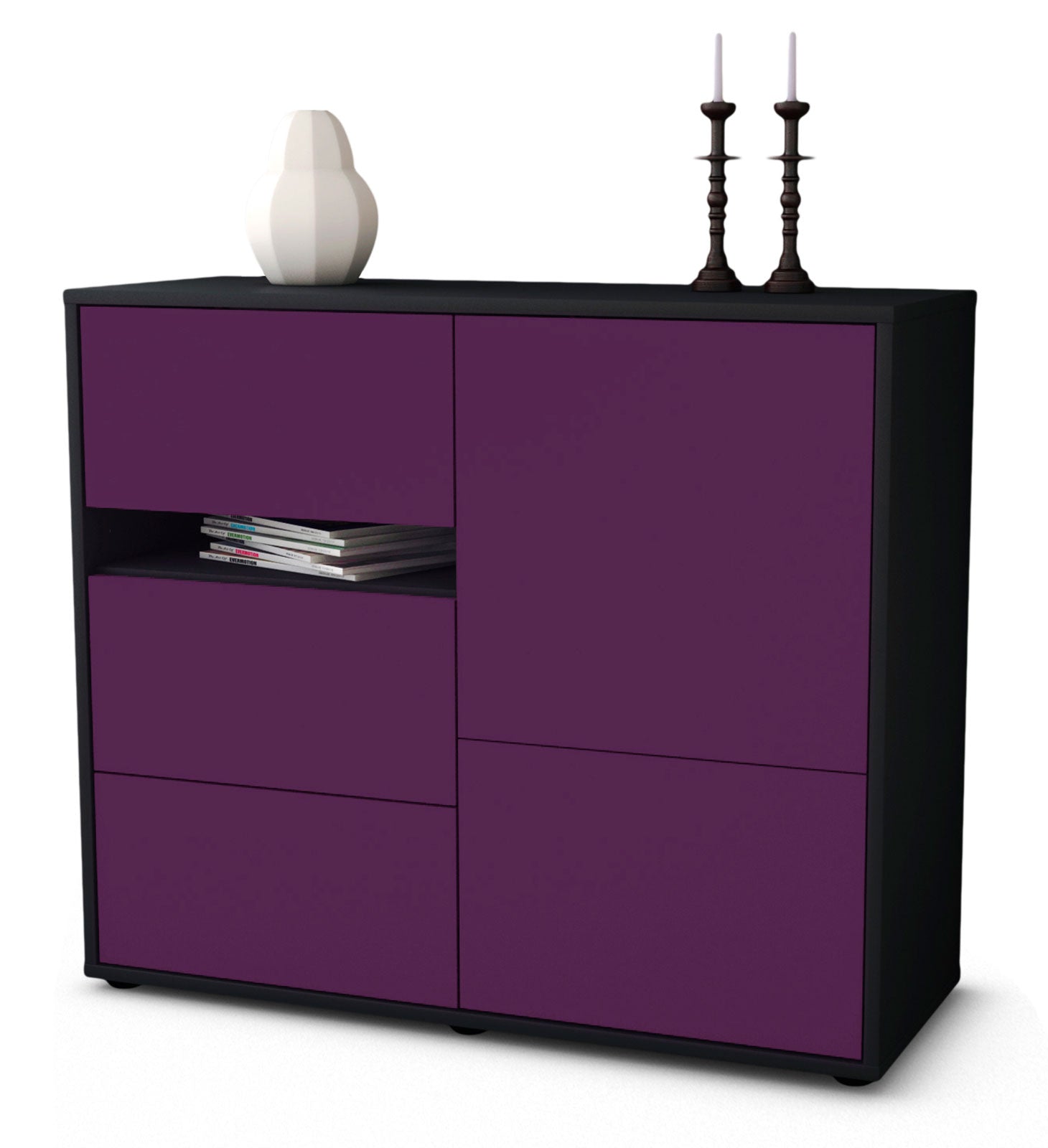 Sideboard - Davina - Design Farbakzent - Freistehend mit Push to open  92 cm Anthrazit