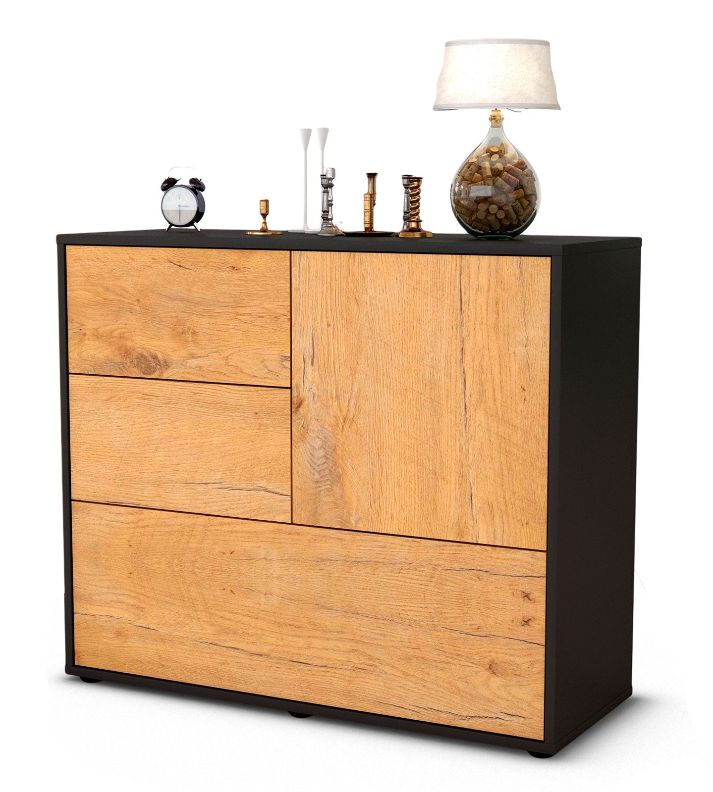 Sideboard - Deanna - Design Holzdekor - Freistehend mit Push to open  92 cm Anthrazit