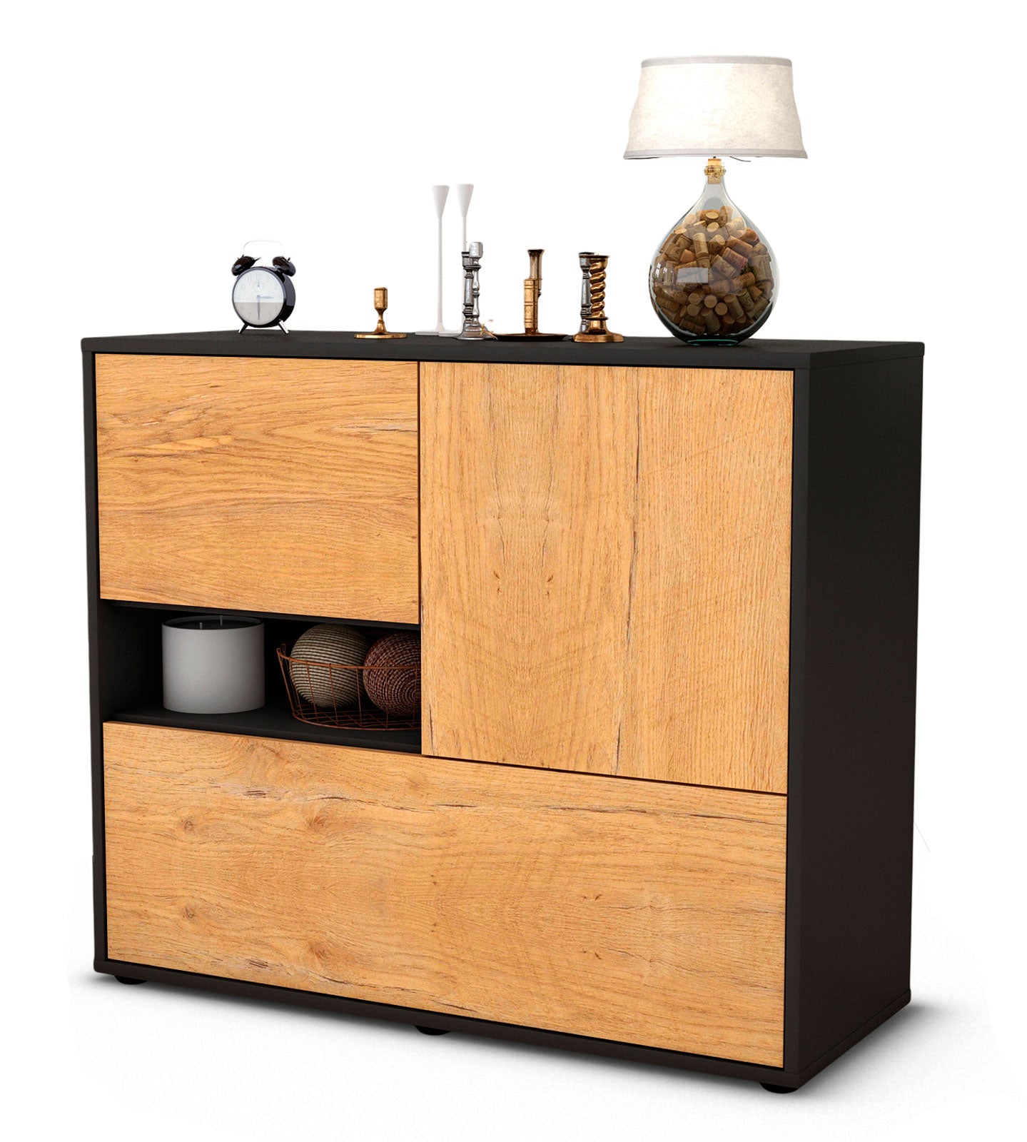 Sideboard - Debora - Design Holzdekor - Freistehend mit Push to open  92 cm Anthrazit