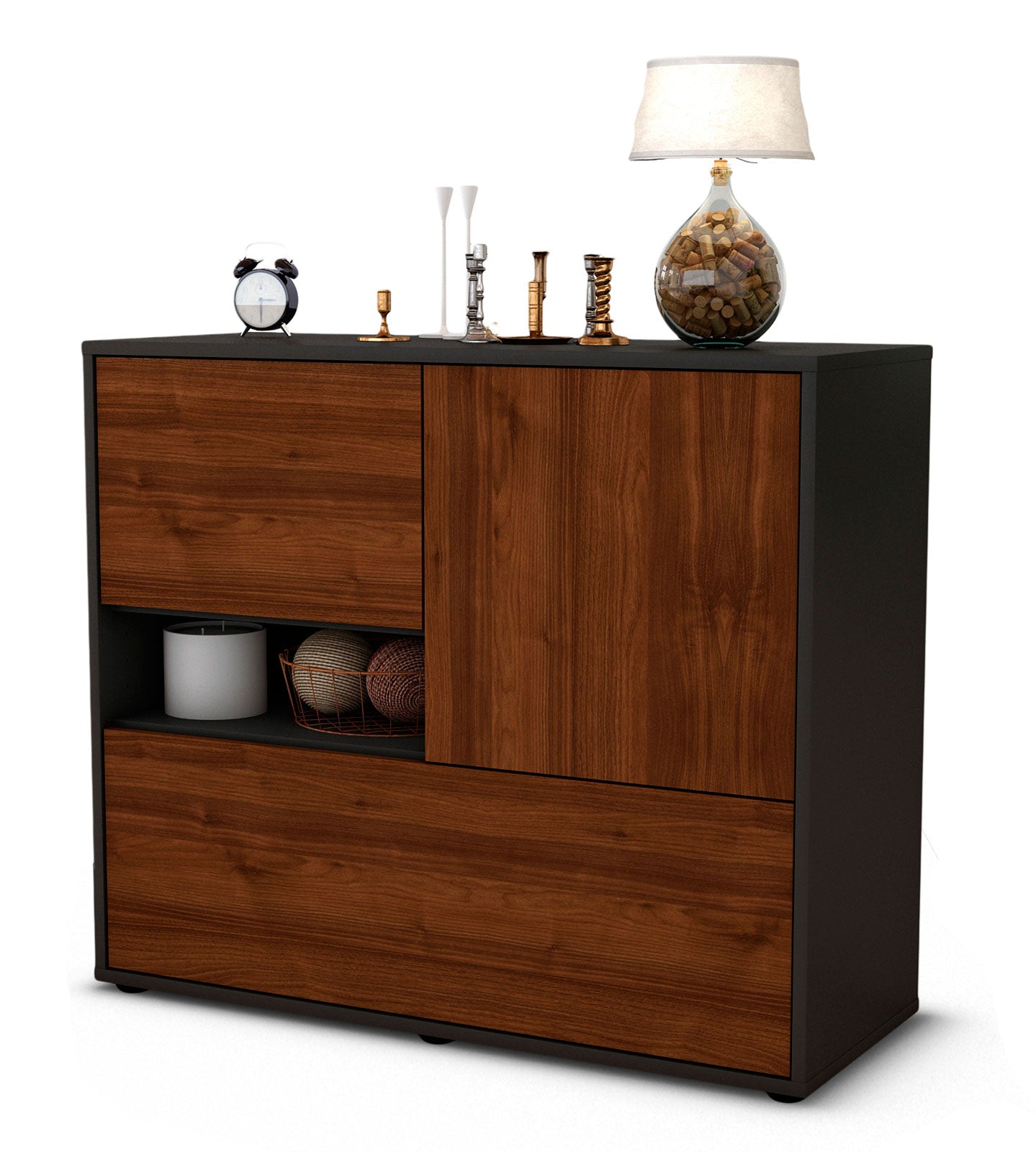 Sideboard - Debora - Design Holzdekor - Freistehend mit Push to open  92 cm Anthrazit