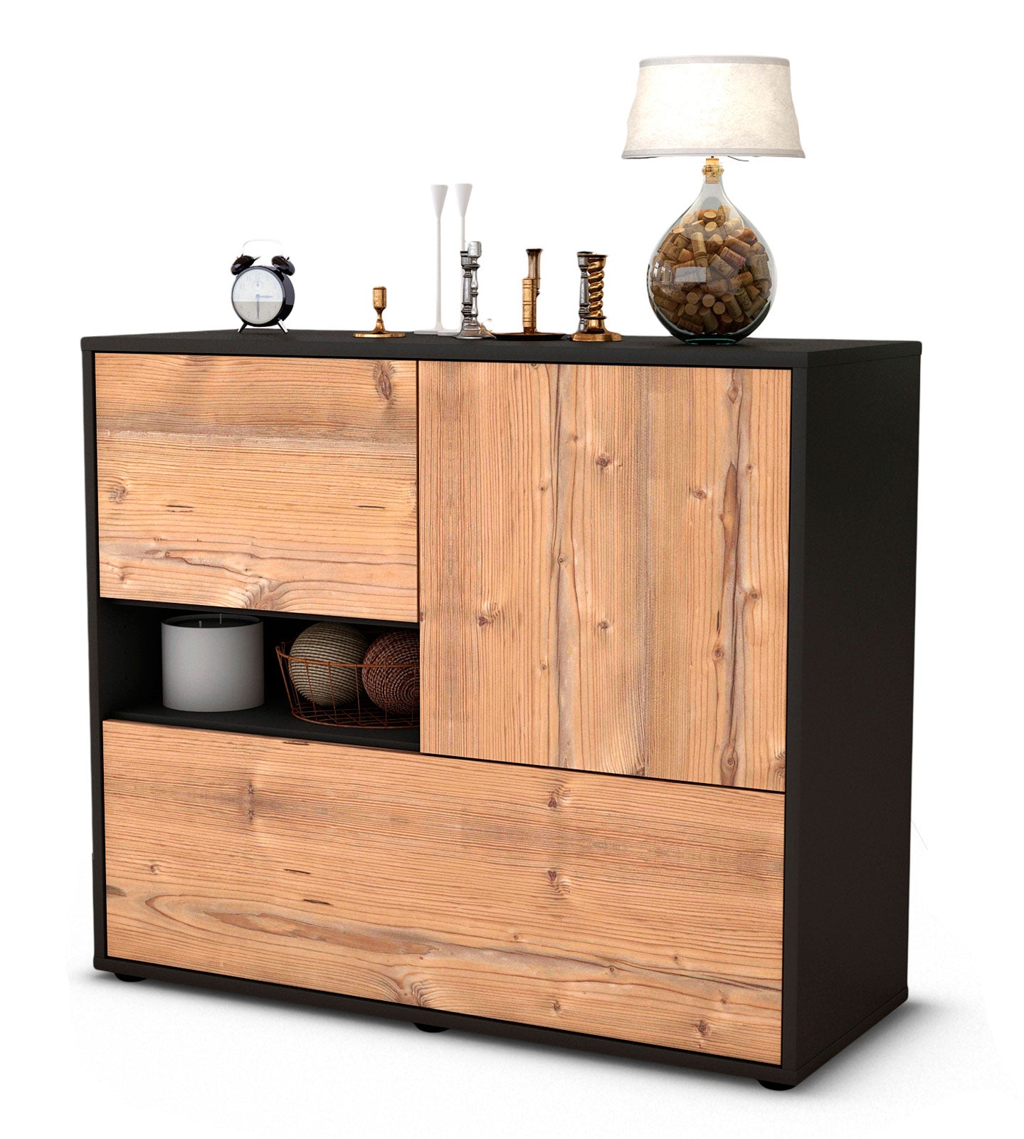 Sideboard - Debora - Design Holzdekor - Freistehend mit Push to open  92 cm Anthrazit