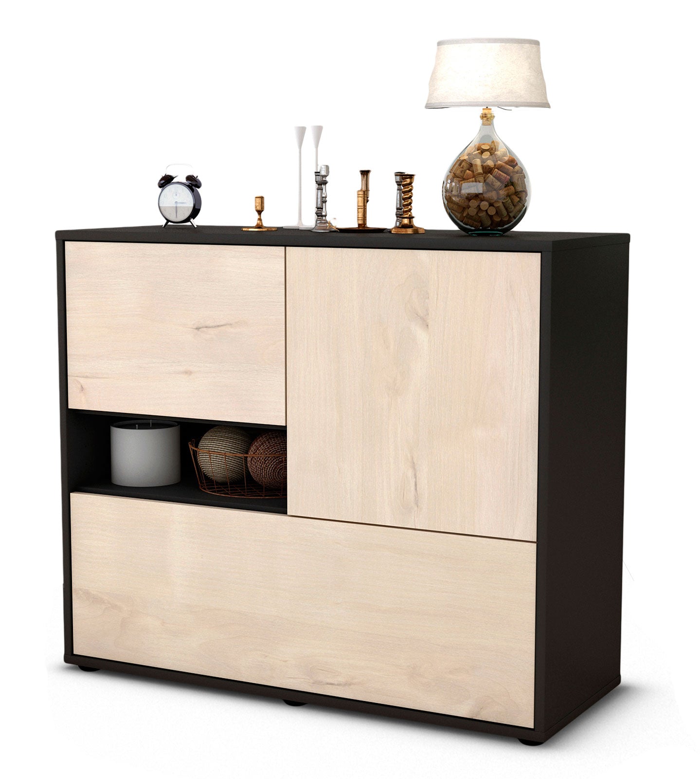 Sideboard - Debora - Design Holzdekor - Freistehend mit Push to open  92 cm Anthrazit