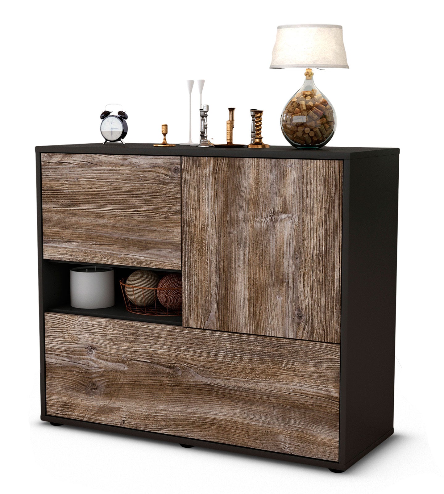 Sideboard - Debora - Design Holzdekor - Freistehend mit Push to open  92 cm Anthrazit