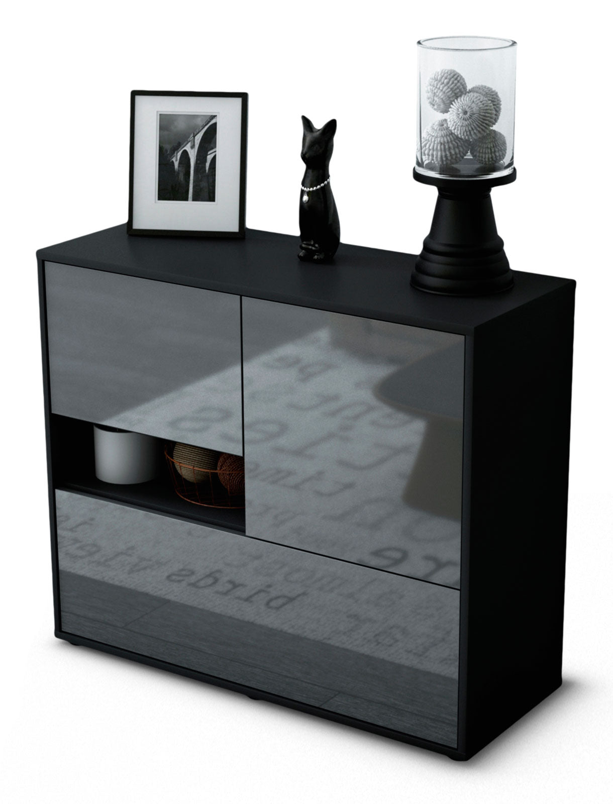 Sideboard - Debora - Design Hochglanz - Freistehend mit Push to open  92 cm Anthrazit