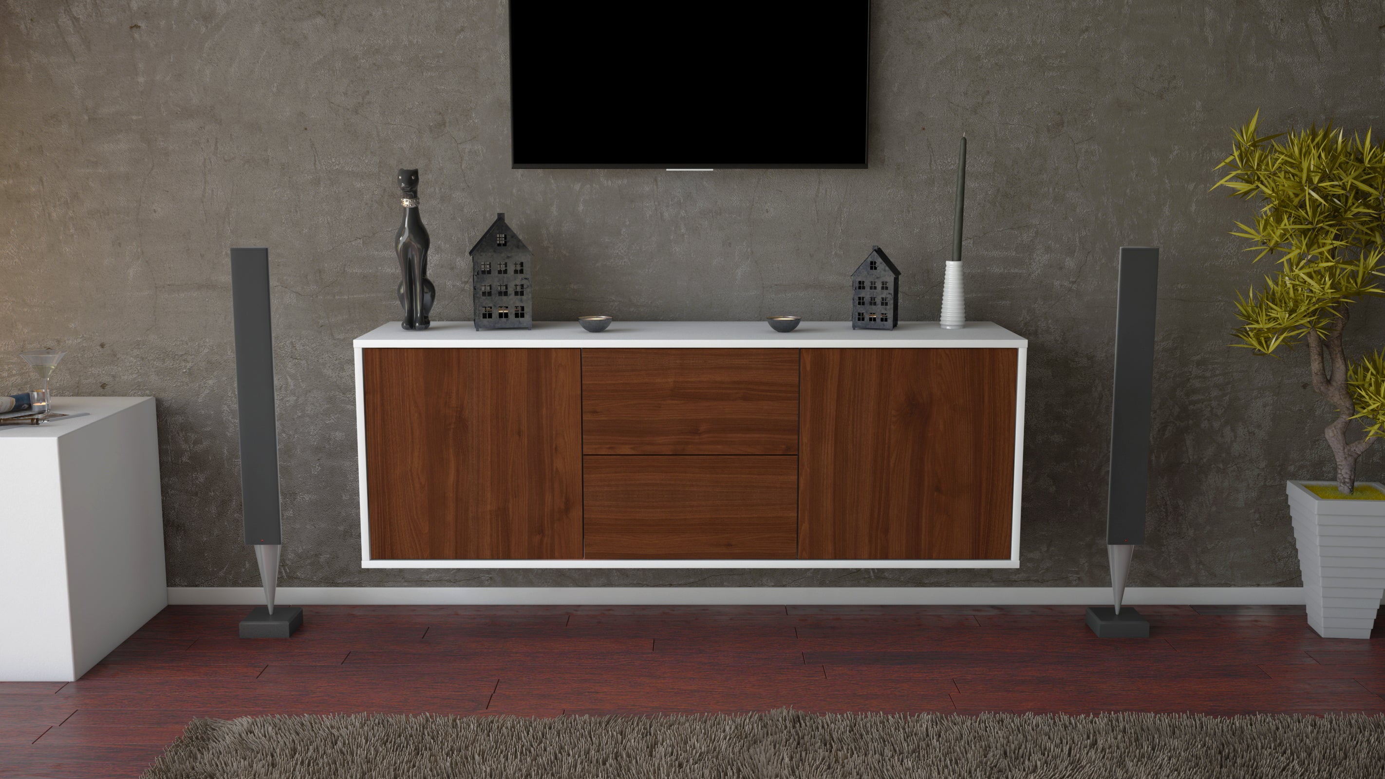 Lowboard - Alma - Design Holzdekor - Wandmontage mit Push to Open 136 cm Weiss