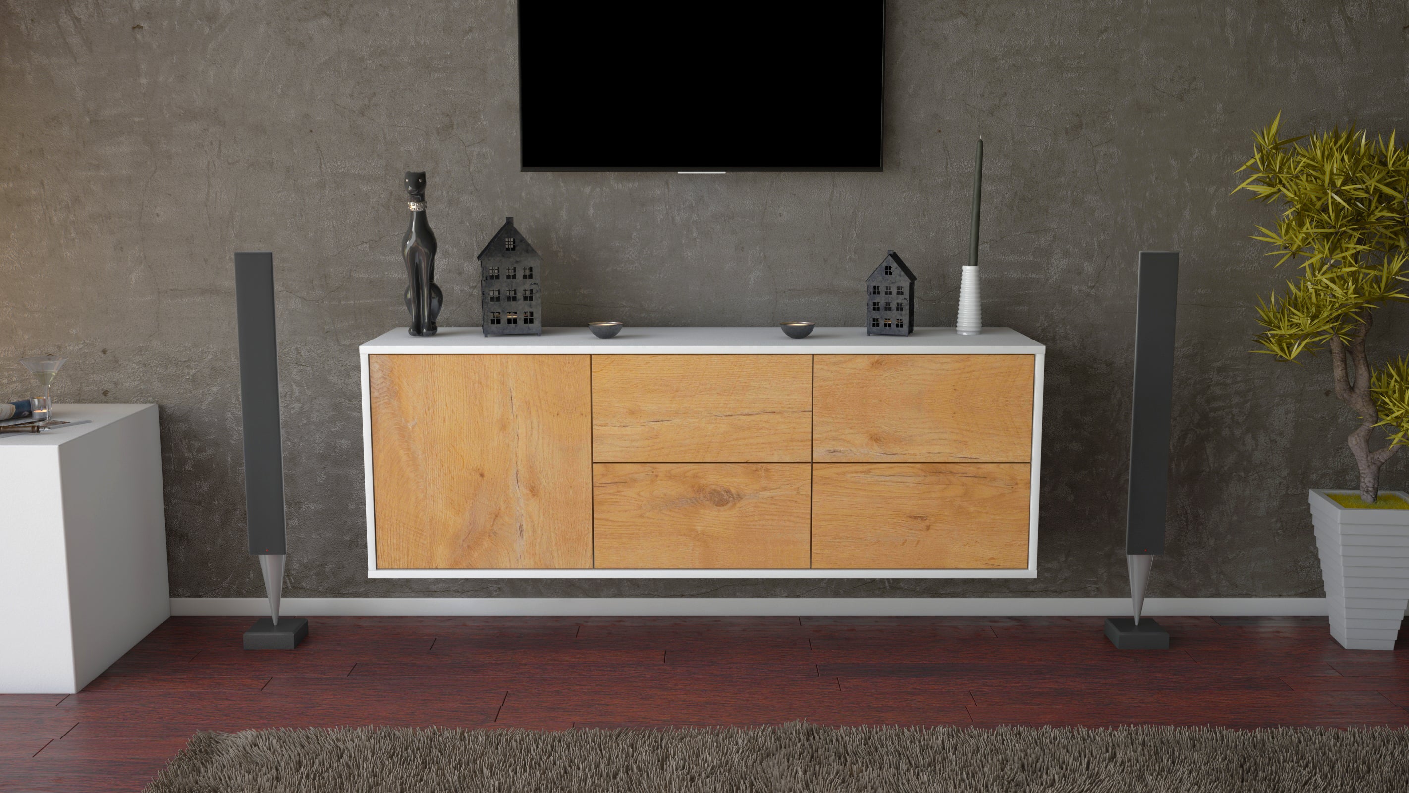 Lowboard - Aloisia - Design Holzdekor - Wandmontage mit Push to Open 136 cm Weiss