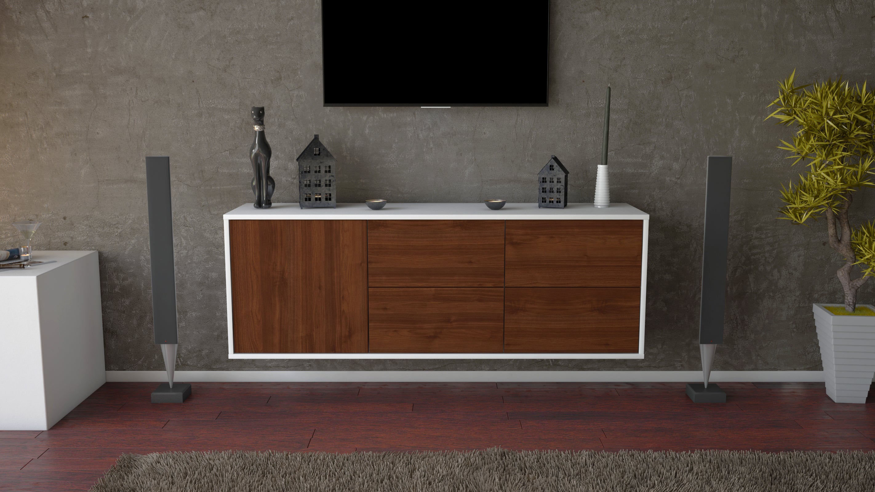 Lowboard - Aloisia - Design Holzdekor - Wandmontage mit Push to Open 136 cm Weiss