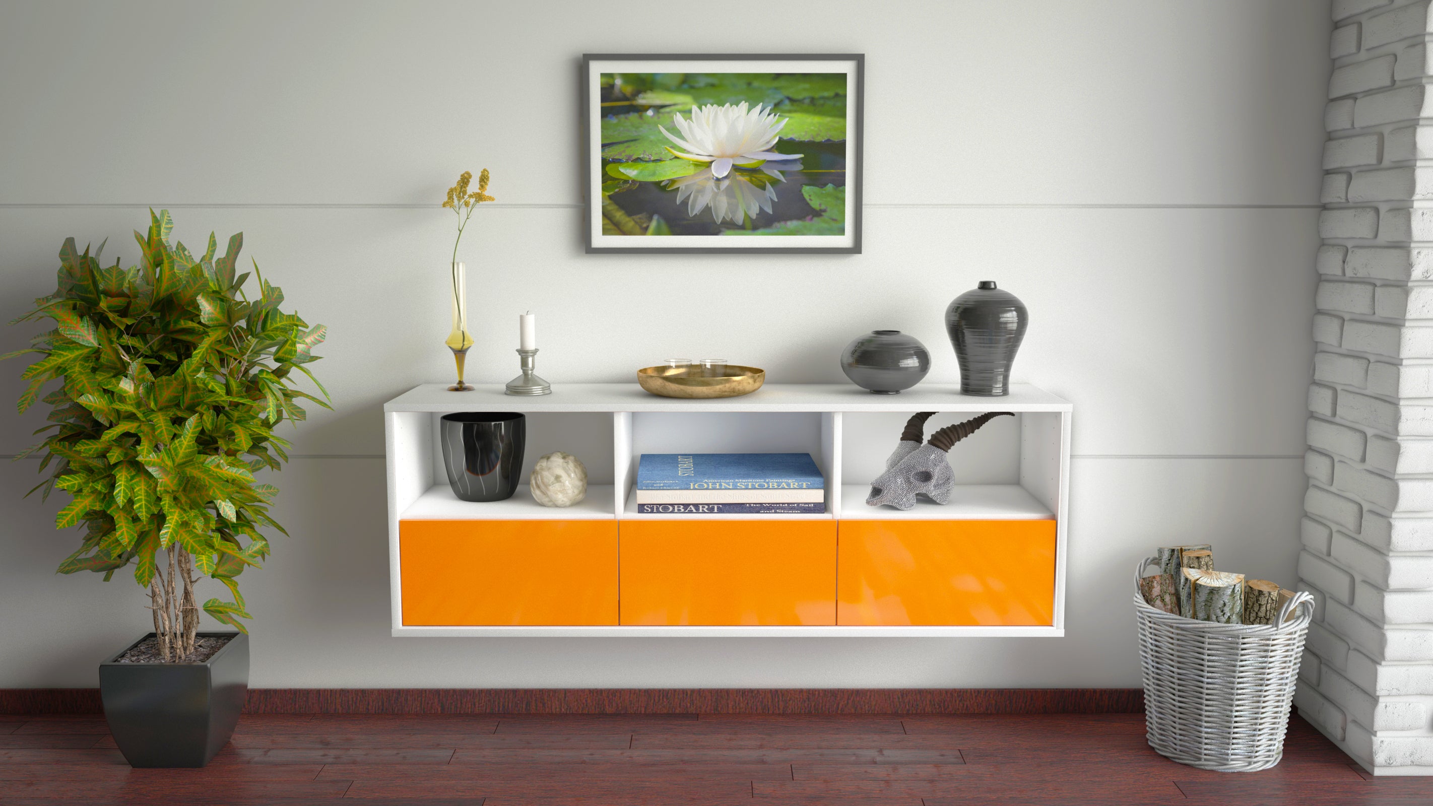 Lowboard - Amalia - Design Hochglanz - Wandmontage mit Push to Open 136 cm Weiss