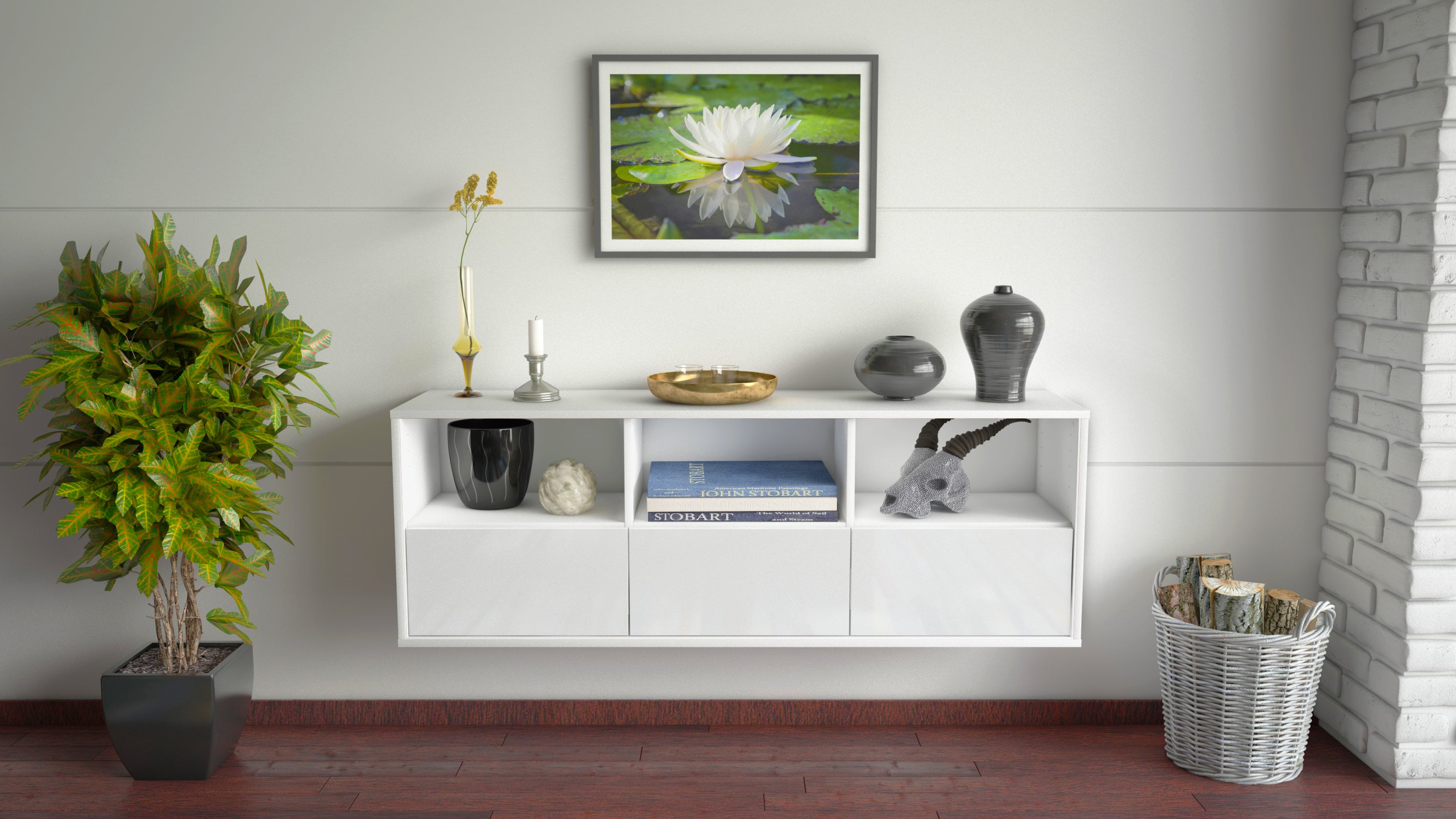 Lowboard - Amalia - Design Hochglanz - Wandmontage mit Push to Open 136 cm Weiss