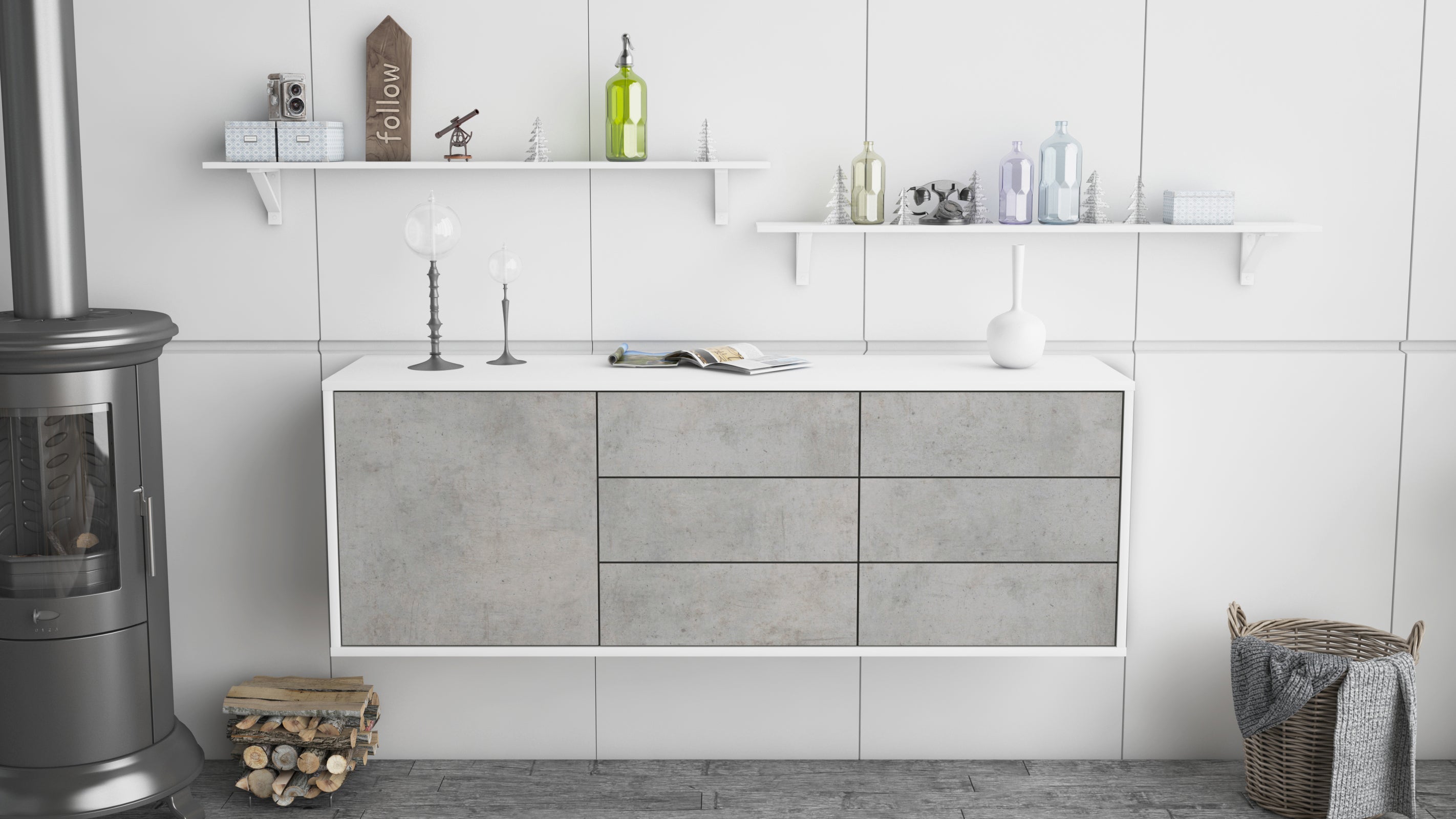 Lowboard - Amedea - Design Industrie Stil - Wandmontage mit Push to Open 136 cm Weiss